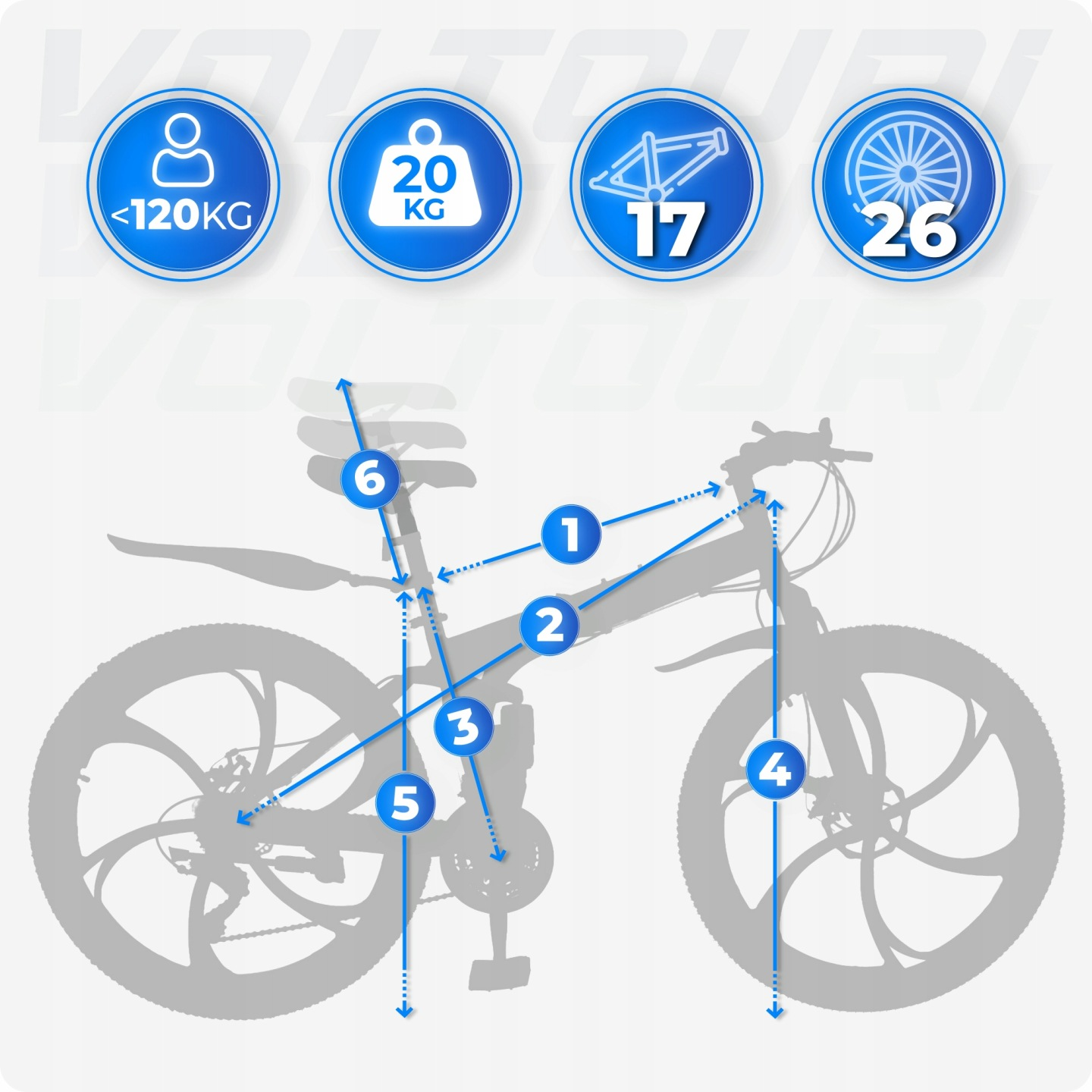 Diagram roweru z etykietami: waga <lt/>120kg, 20kg, rama 17", koło 26".