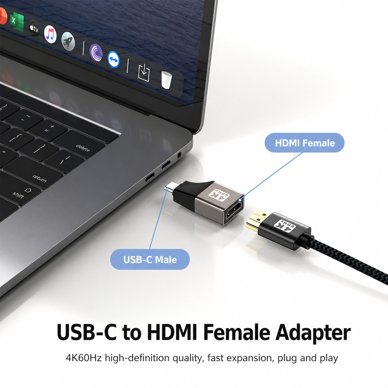 Adapter USB-C na HDMI podłączony do laptopa. Tekst etykietuje części adaptera.