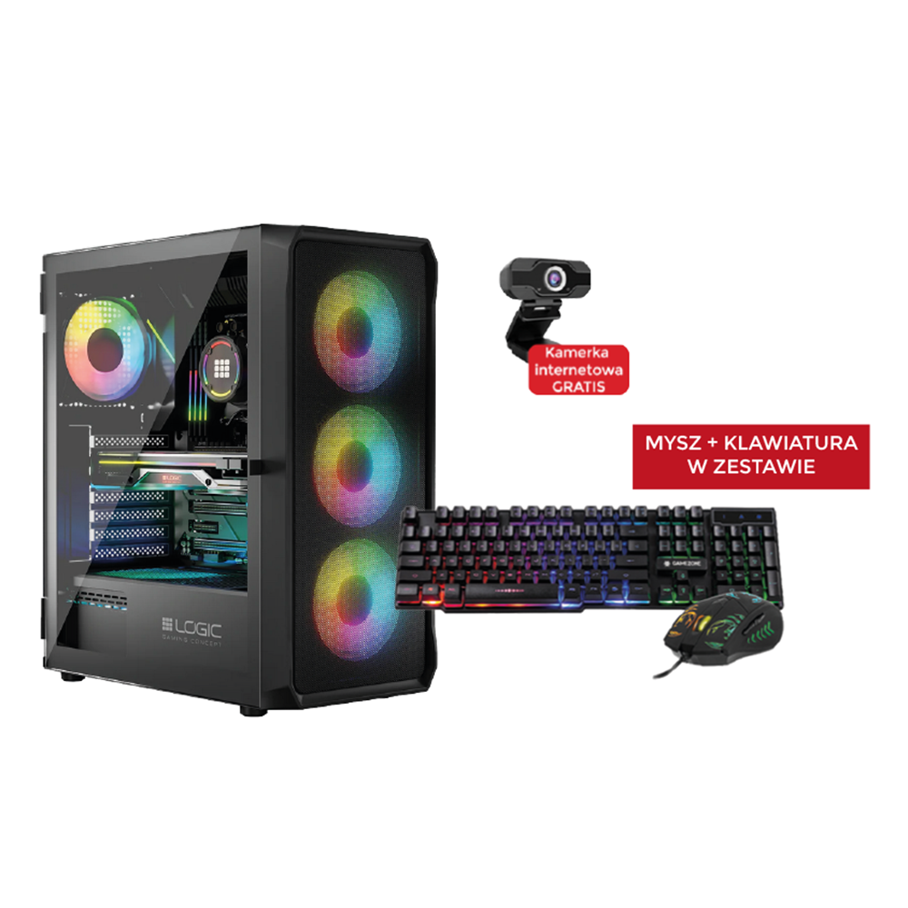 Komputer gamingowy z wentylatorami RGB, klawiaturą, myszą i kamerą. Czerwone pudełko.