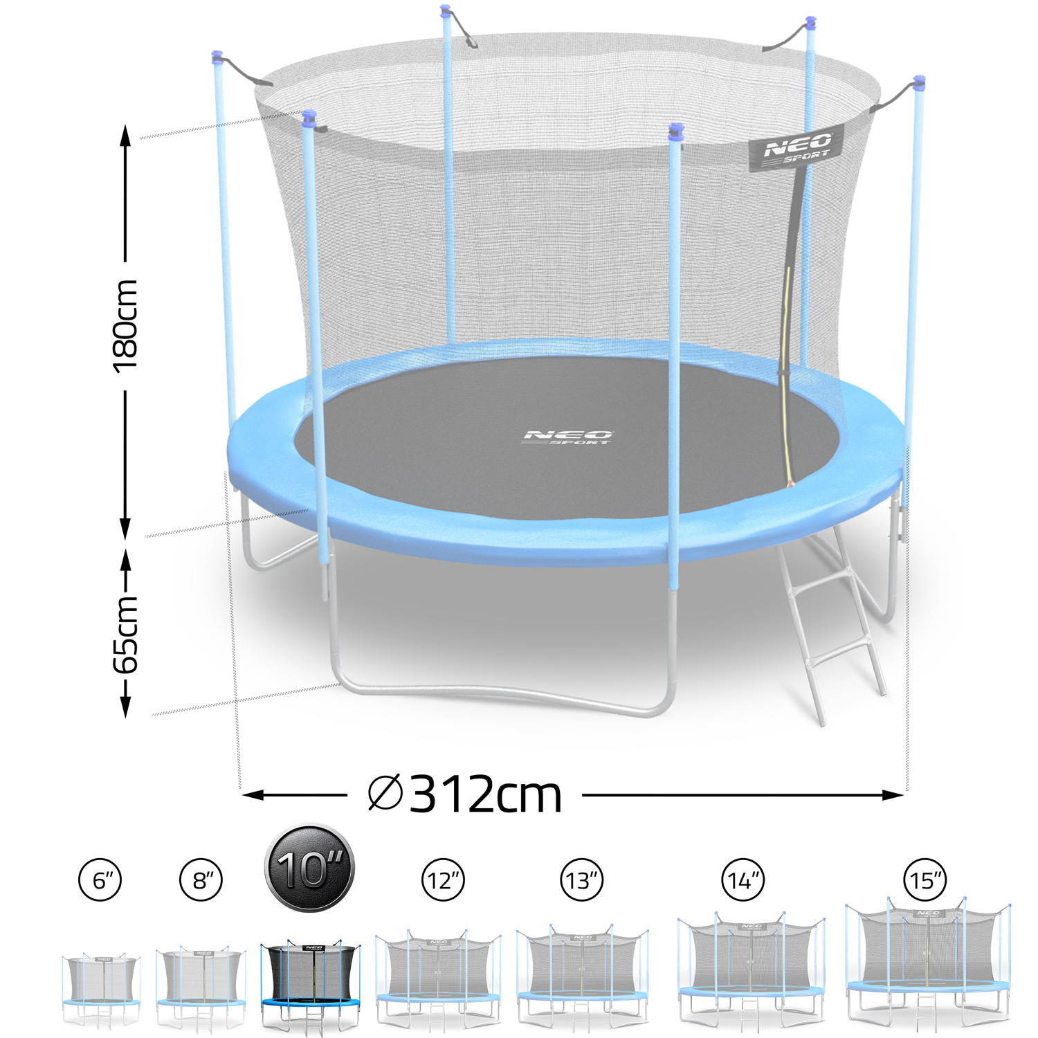 Trampolina z siatką, niebieskim obrzeżem i drabiną. Wymiary: 312cm Ø, wysokość 180cm.