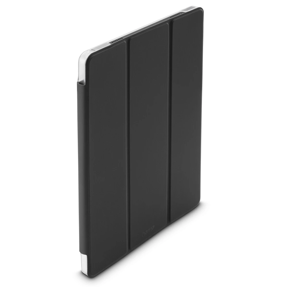 Czarna obudowa na tablet z trzema zagięciami z przodu, srebrną krawędzią.