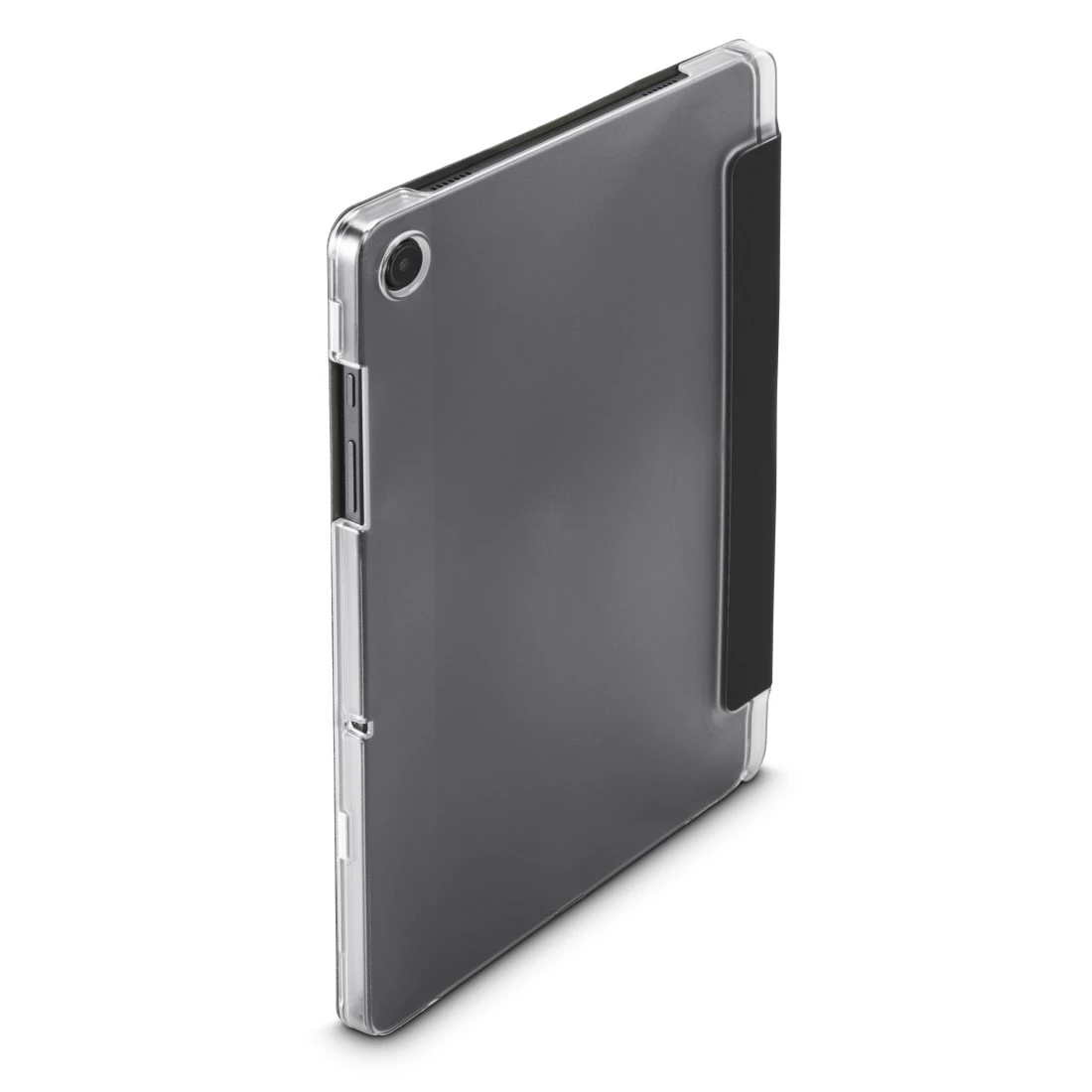 Ciemnoszary tablet w przezroczystym etui z czarną okładką.