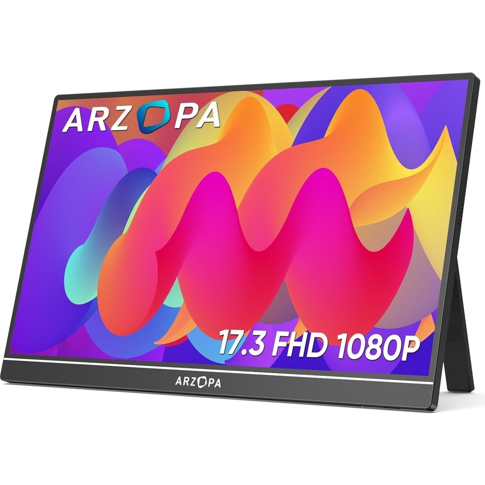 Renkli soyut bir arka plana ve "17.3 FHD 1080P" yazısına sahip taşınabilir bir monitör.
