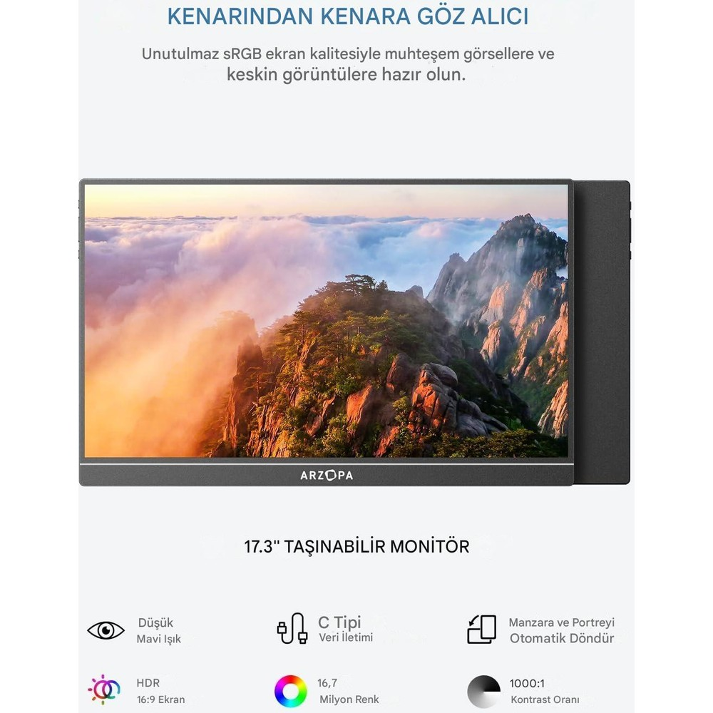 17,3" monitör dağ manzarası, düşük mavi ışık, HDR, USB-C, 16,7M renk.