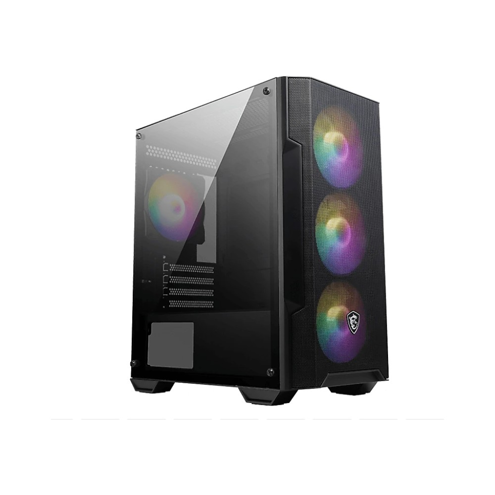 Czarna obudowa komputera z szklanym frontem i wentylatorami RGB.