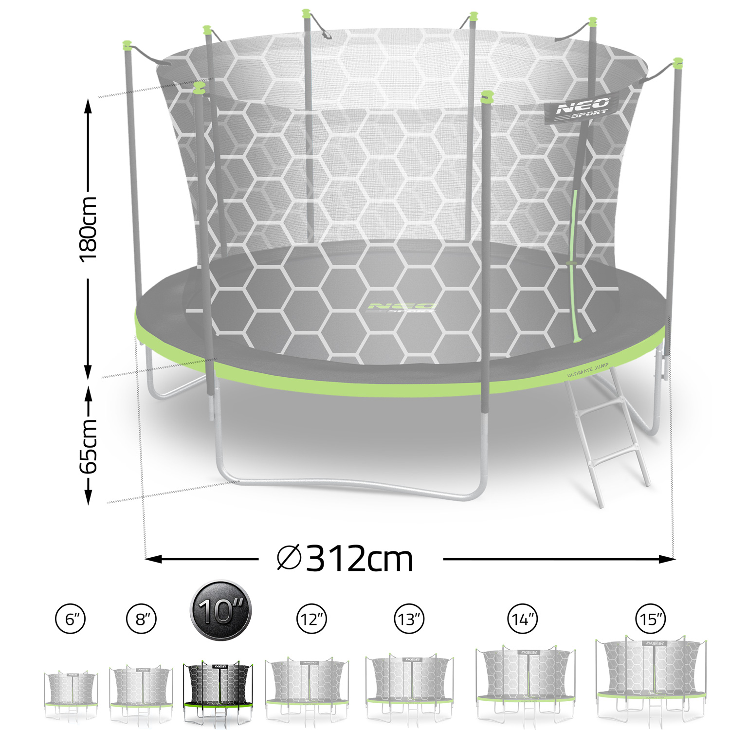 Trampolina z siatką zabezpieczającą, średnica 312cm, wysokość 180cm.