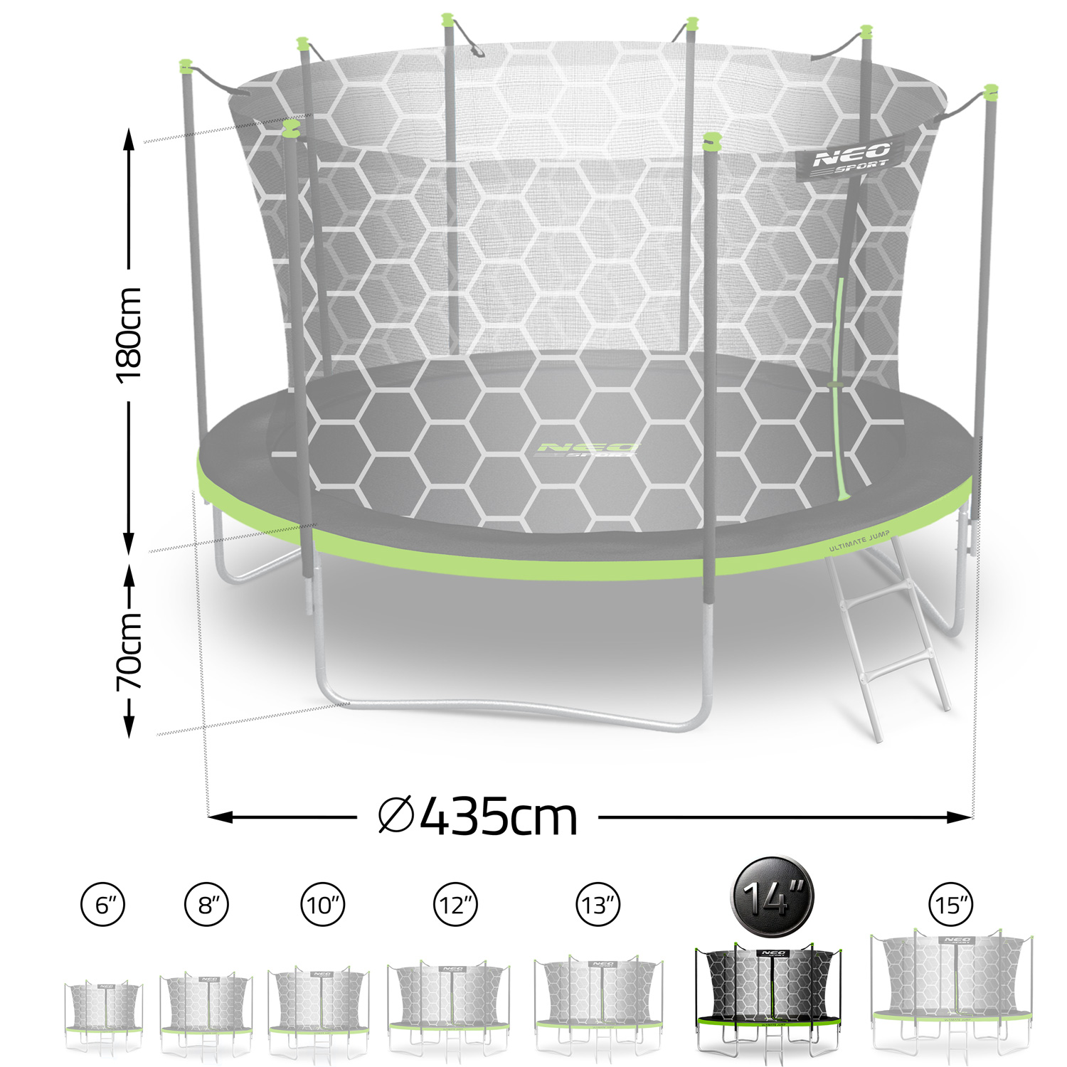 Trampolina z siatką zabezpieczającą, średnica 435cm, wysokość 180cm, wysokość wejścia 70cm.