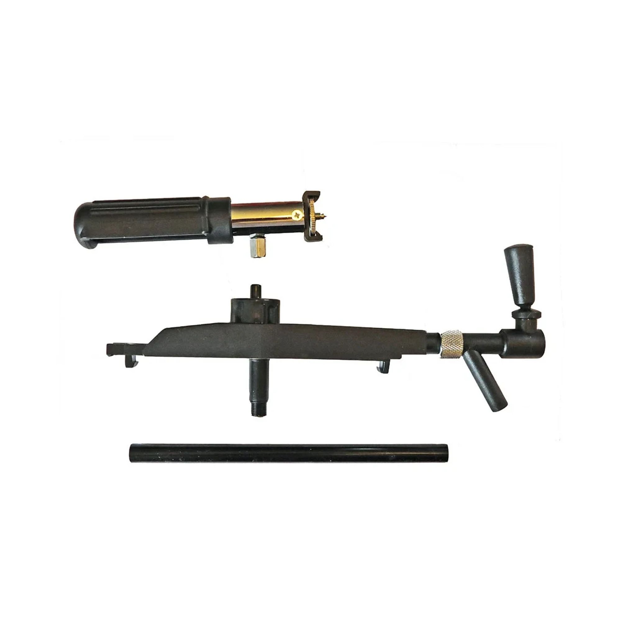 A black tool with a handle, metal rod, and turn handle on a white background.