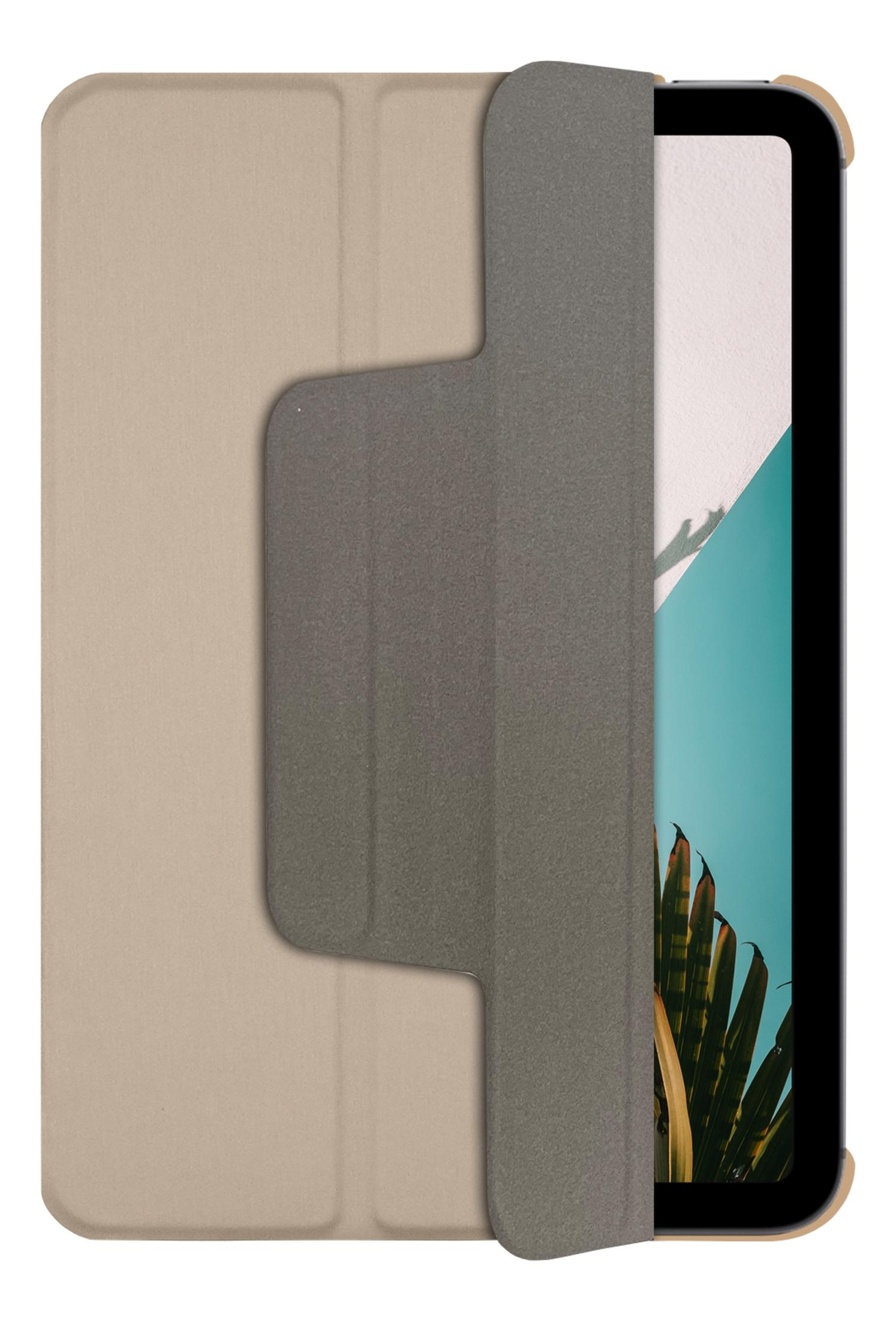 Ein beigefarbener Tablet-Ständer mit einem grauen Einsatz, der teilweise ein Tablet mit Pflanzenmotiv verdeckt.