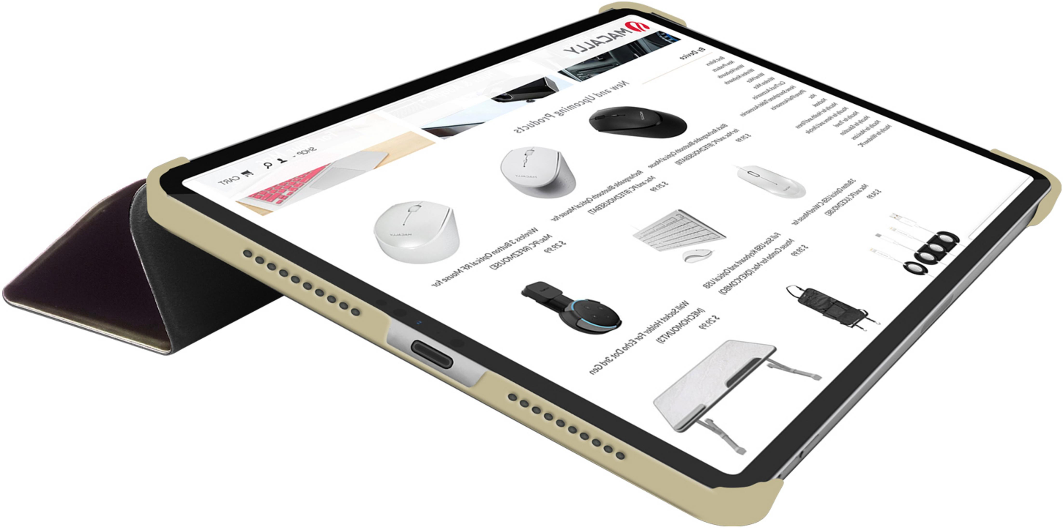 Ein Tablet mit einem geöffneten Ständer zeigt eine Website mit Computerzubehör wie Mäusen und Tastaturen.