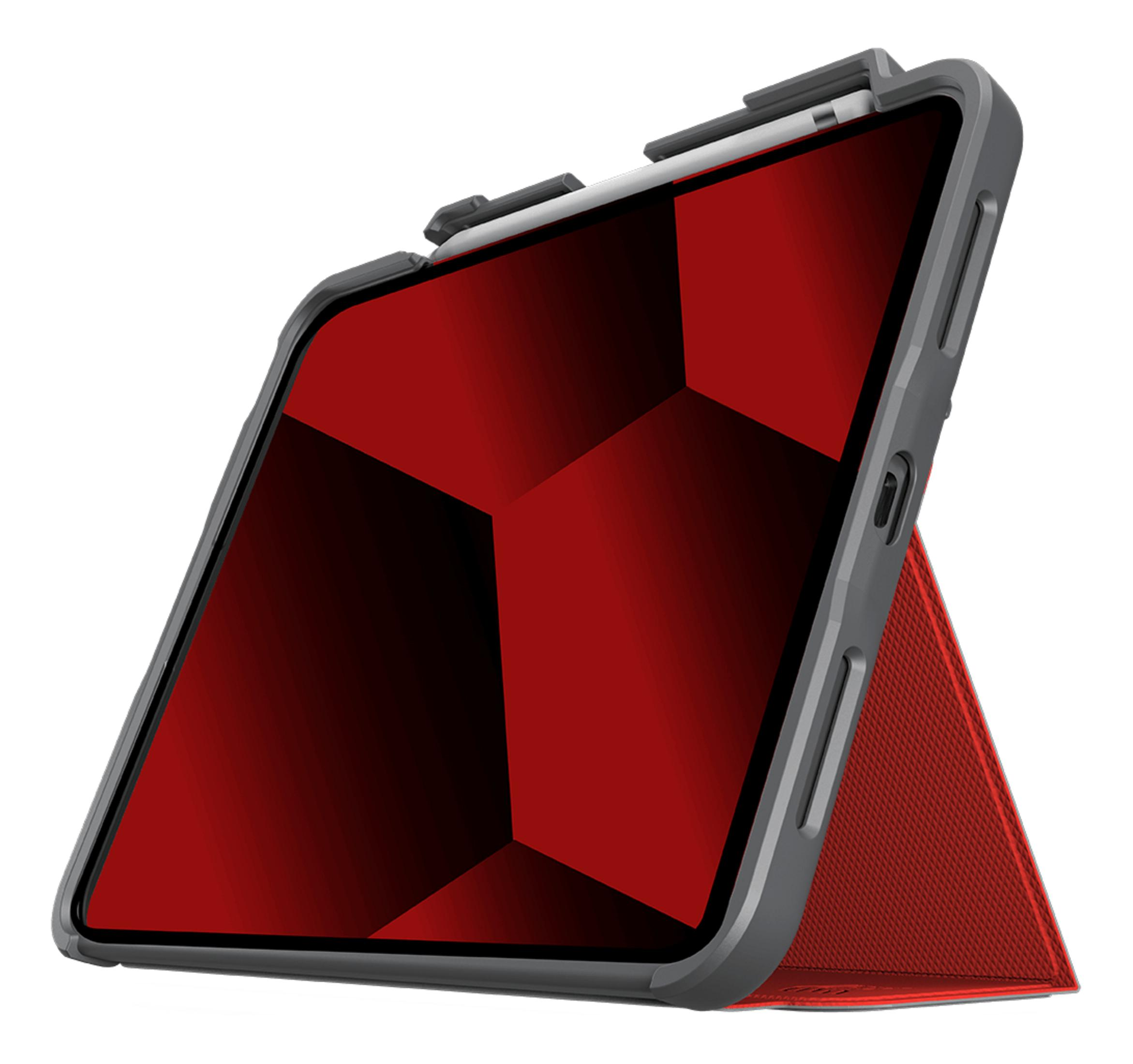 Tablet grigio con sfondo geometrico rosso e supporto rosso sul retro.