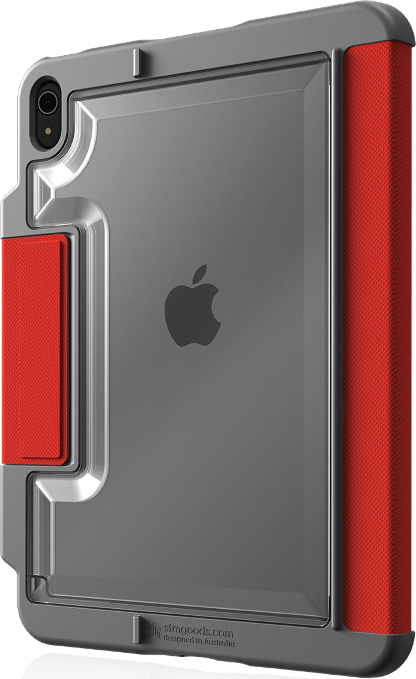 Custodia grigia per tablet con accenti rossi, mostra il logo Apple sullo schermo.