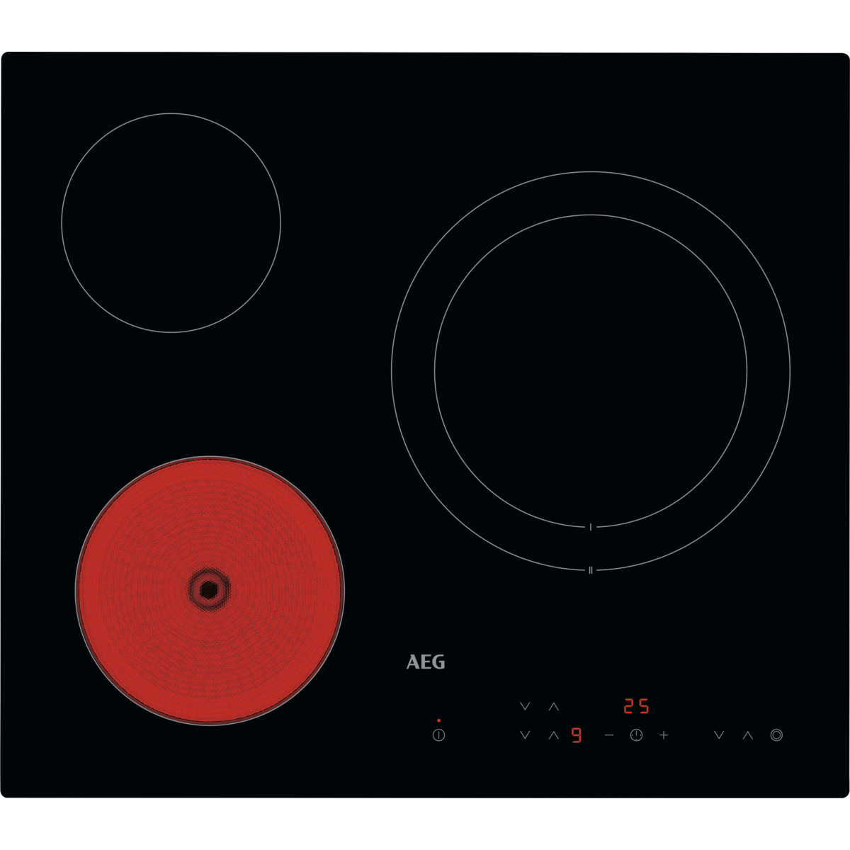 Una placa de inducción AEG negra con tres zonas de cocción, una al rojo vivo.