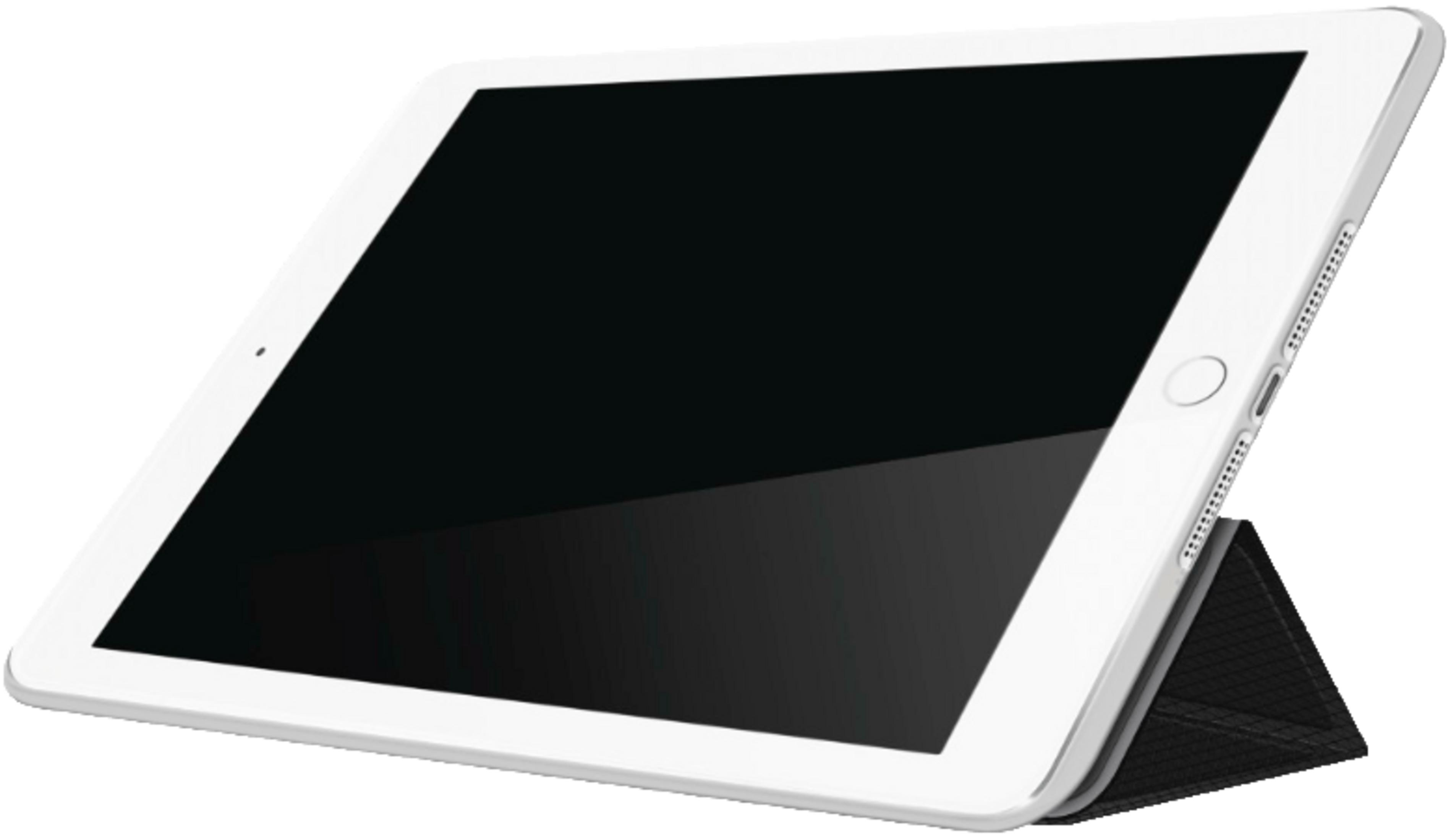 Ein weißes Tablet mit schwarzem Bildschirm, das auf einem schwarzen Ständer steht.