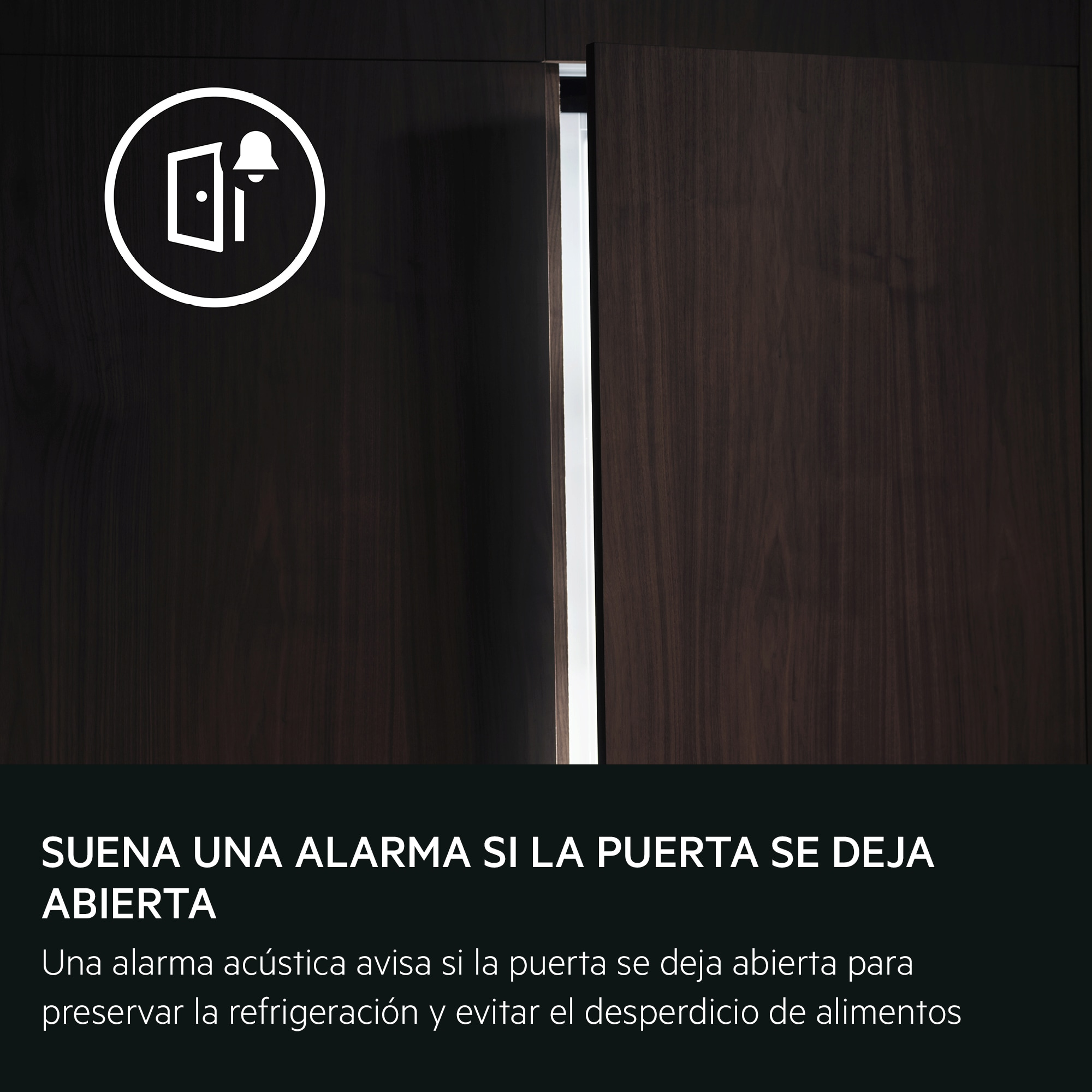 Icono de puerta abierta con campana. Fondo de madera oscura.