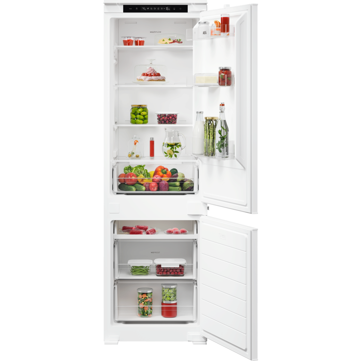 Un refrigerador blanco abierto lleno de alimentos.