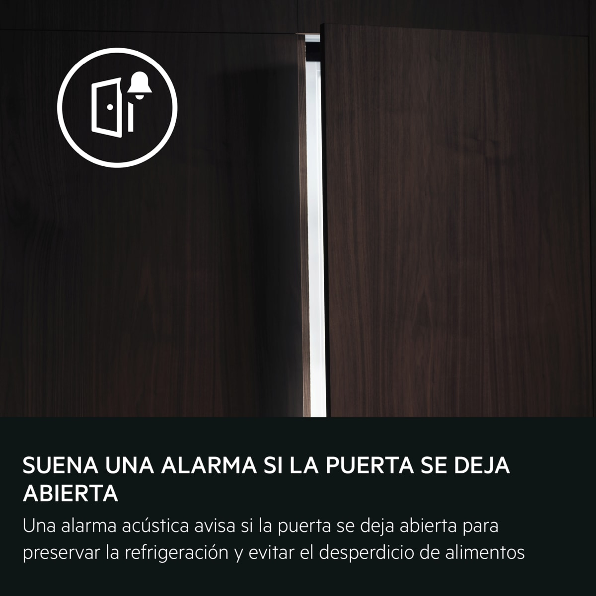 Icono de puerta abierta con campana. Madera oscura.