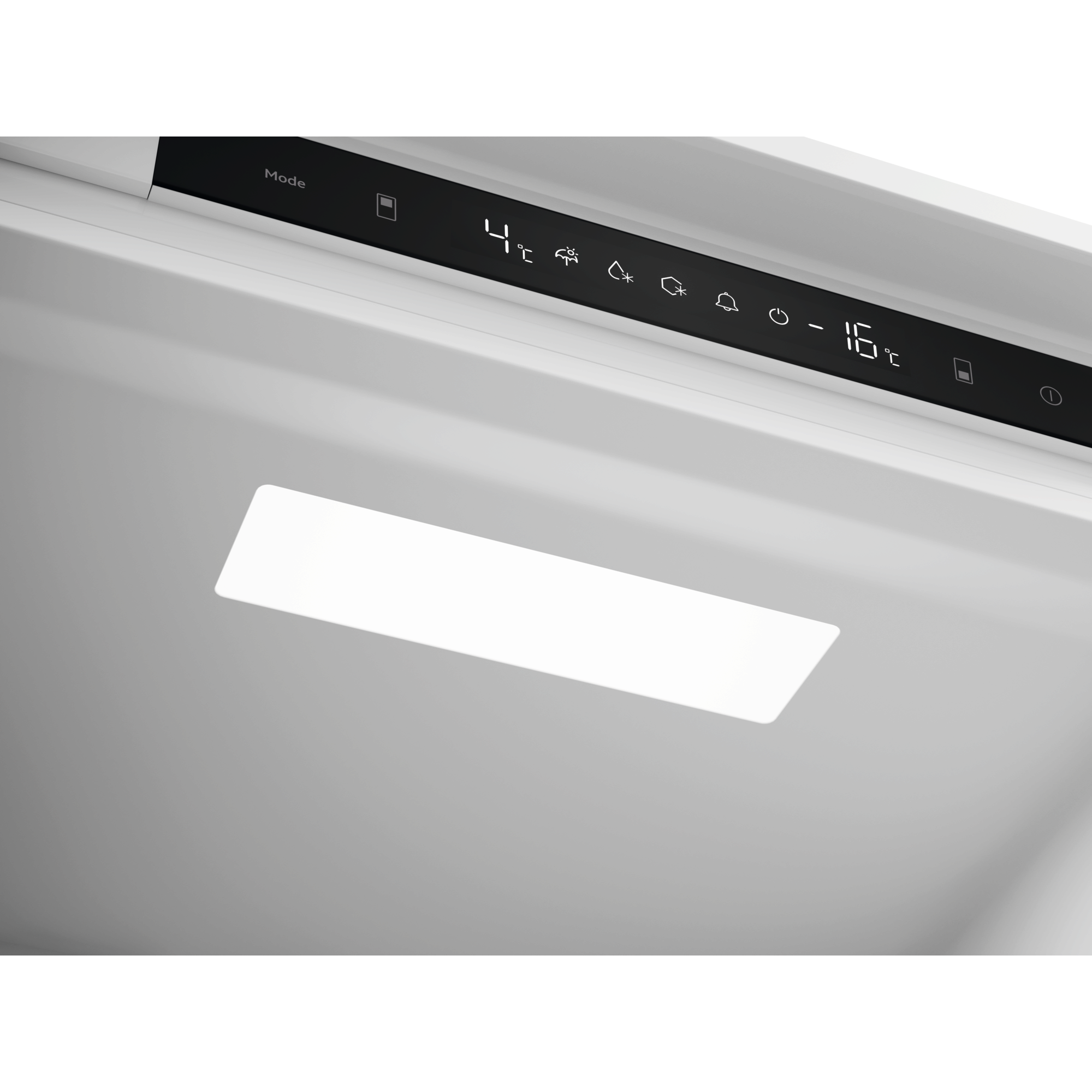Pantalla digital de un refrigerador mostrando temperaturas e iconos.