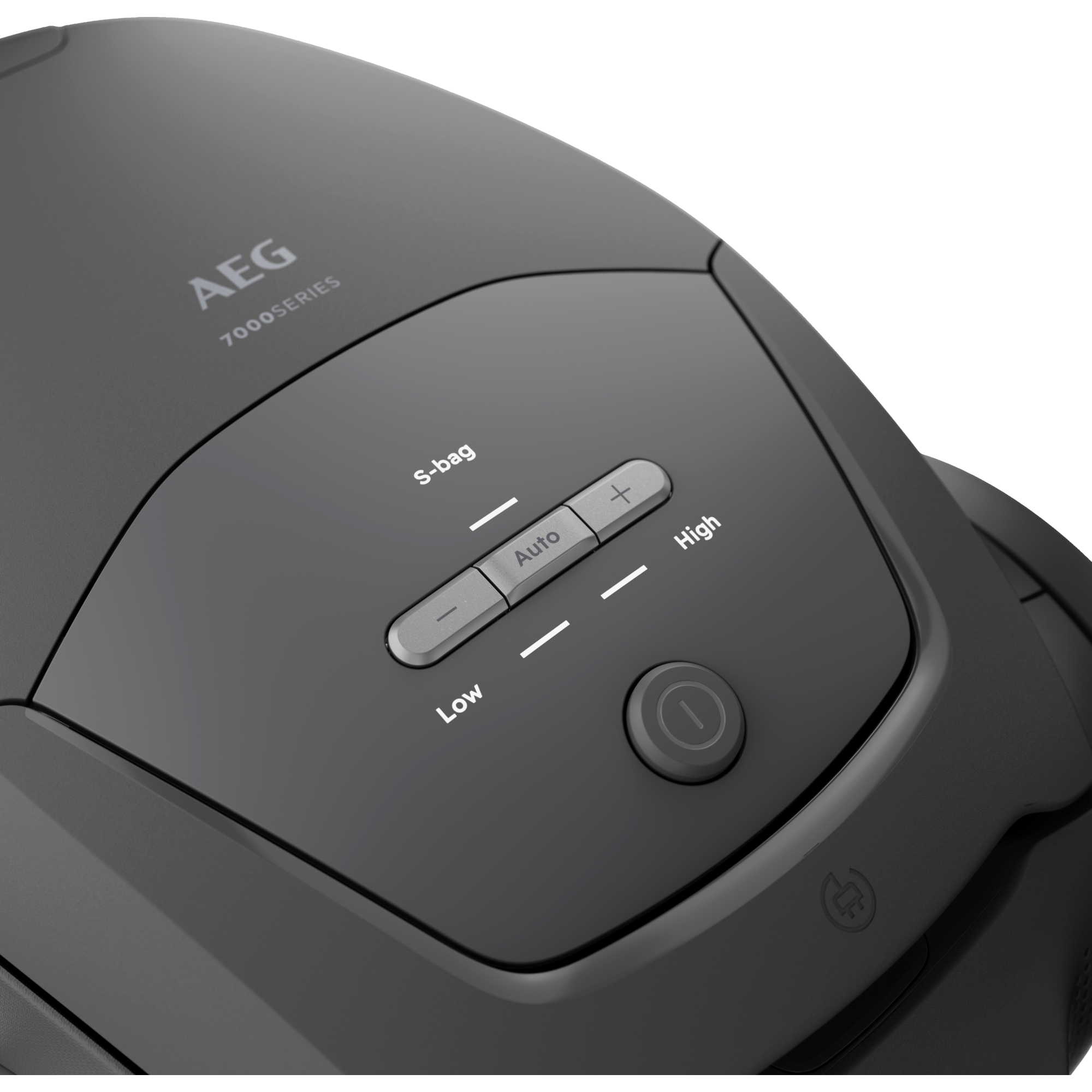 Aspiradora AEG gris con controles para S-bag, Auto, Low y High.