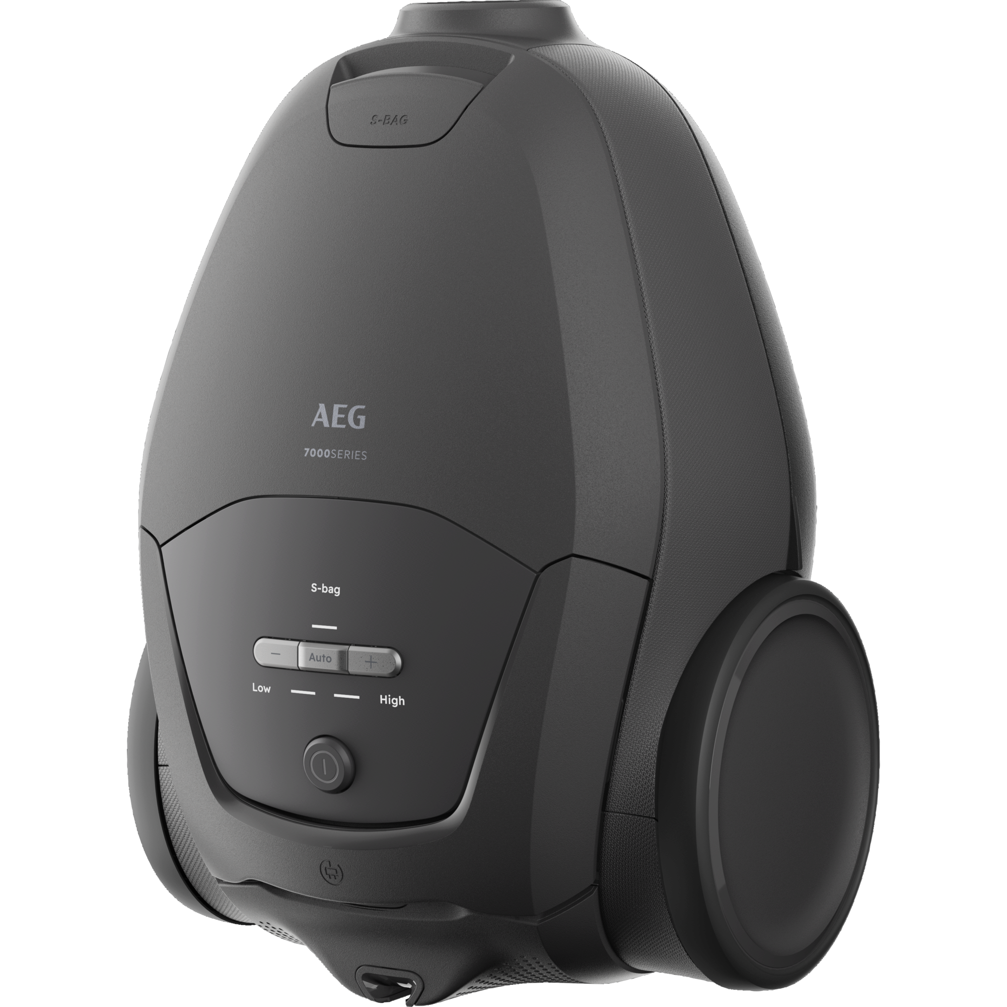 Una aspiradora AEG 7000 SERIES oscura con botones de control y ruedas.