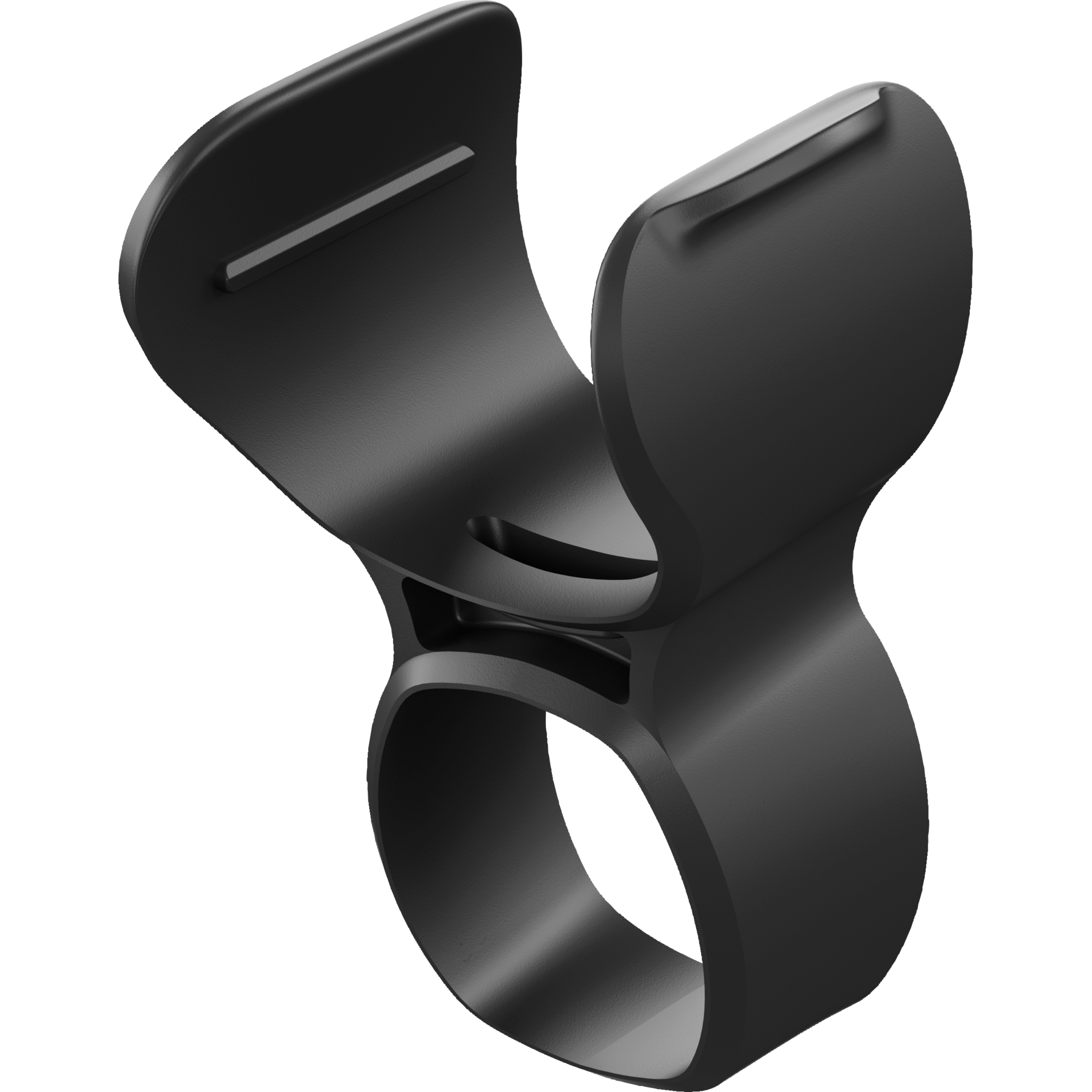 Una clip nera e curva con base ad anello su sfondo nero.