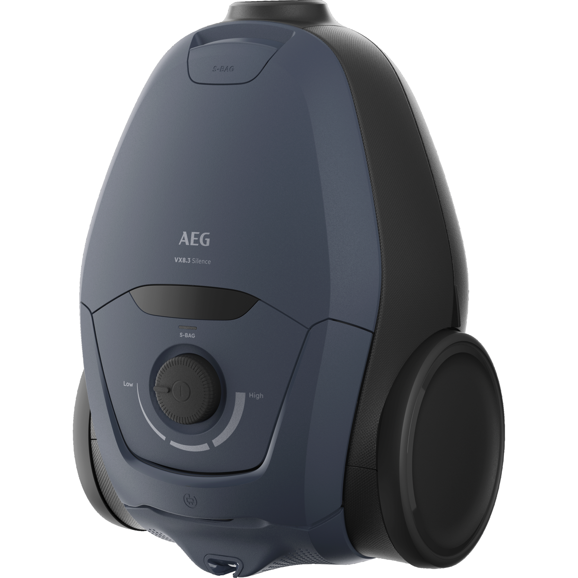Aspiradora AEG VX8.3 Silence azul oscuro con rueda y dial negro.