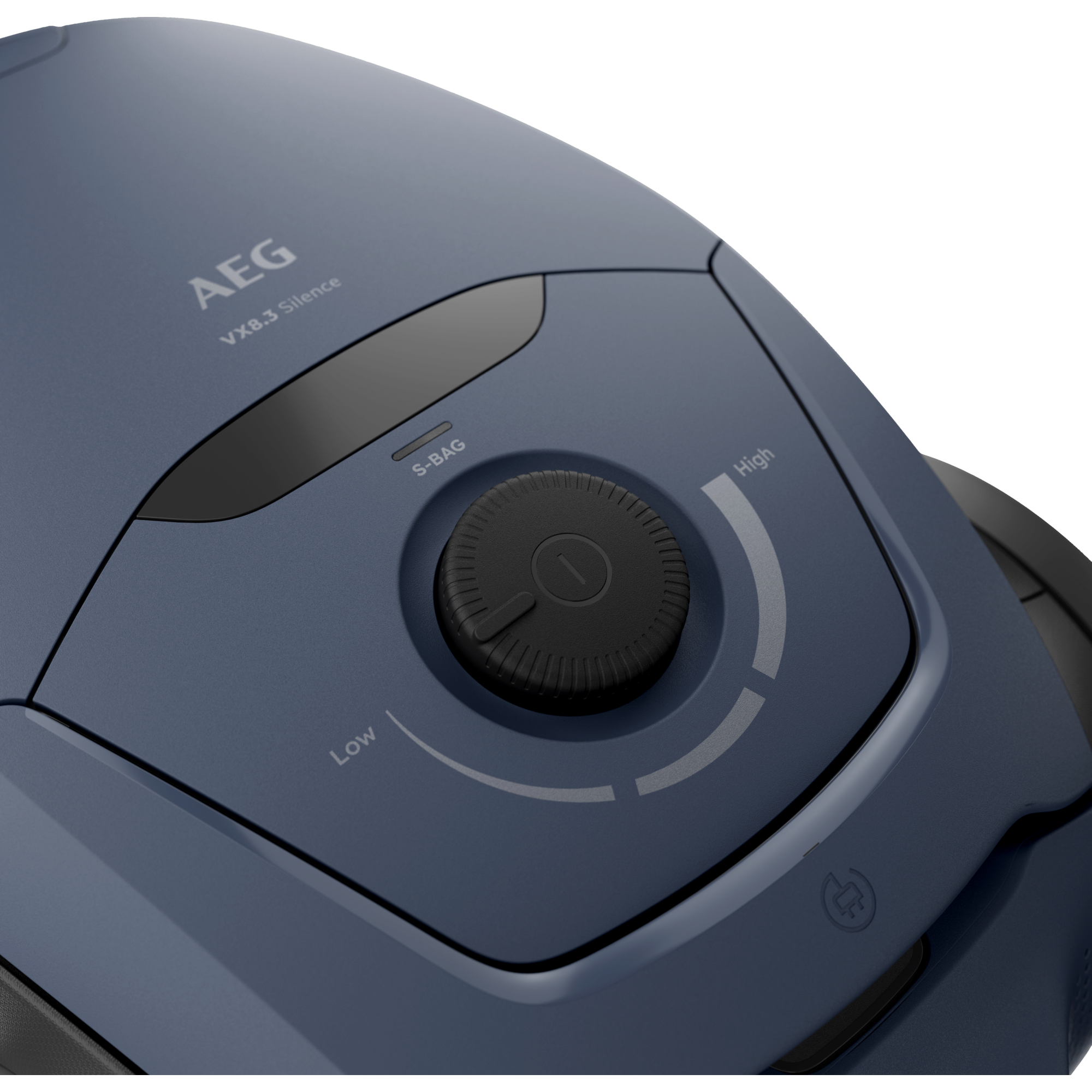 Carcasa azul oscuro de aspiradora AEG con indicador S-BAG y dial de potencia.