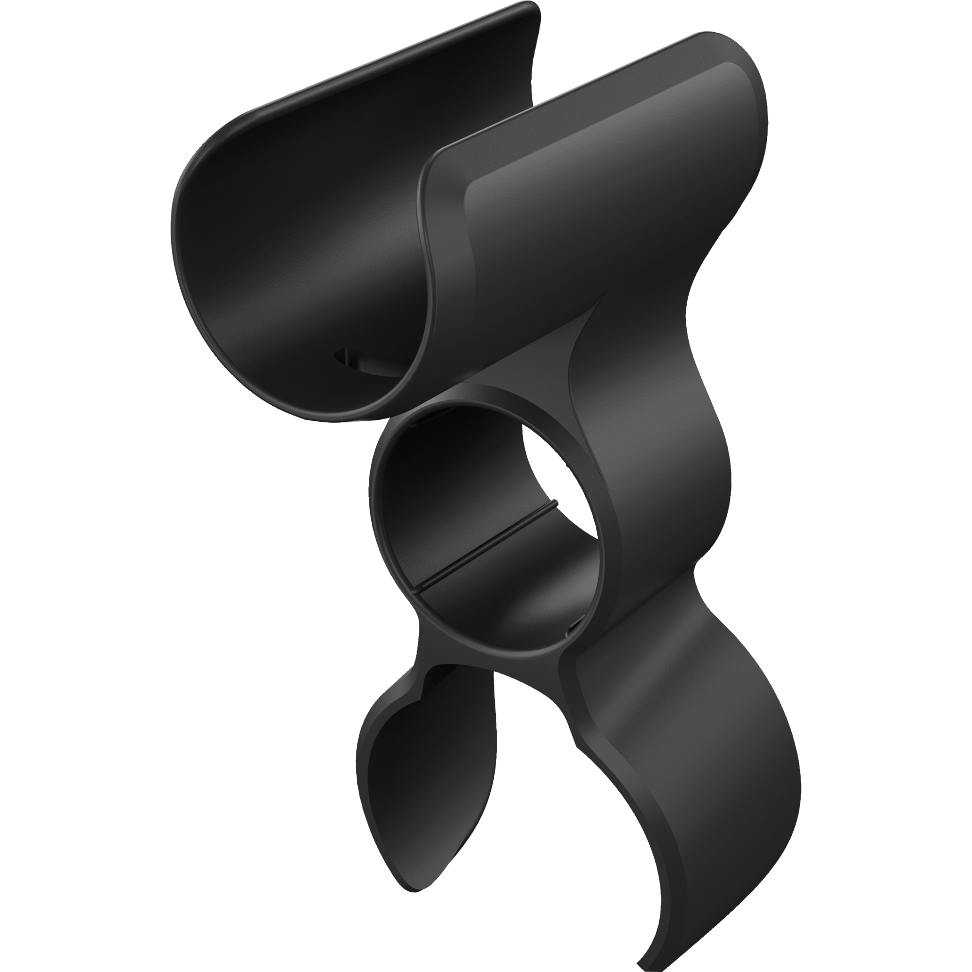 Una clip nera in plastica stampata con due aperture e una barra centrale.