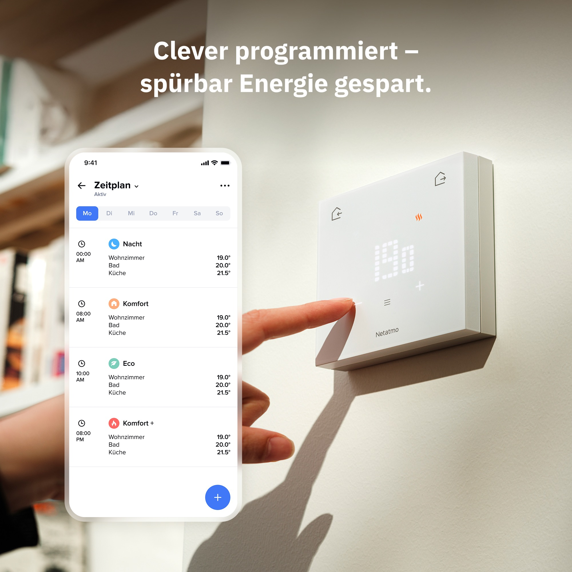 A smartphone shows a heating schedule. A hand touches a thermostat.