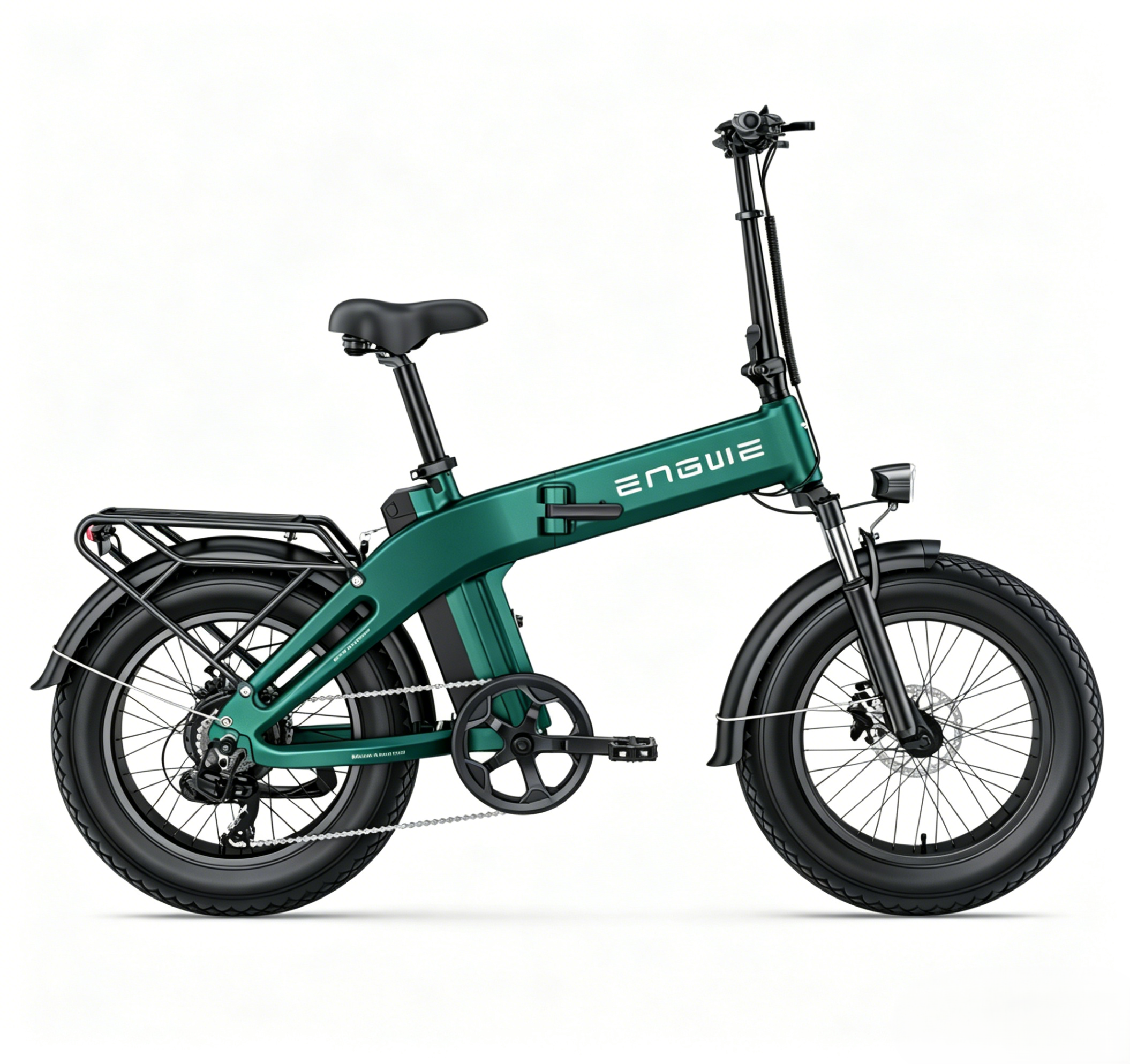 Una bicicleta eléctrica plegable en verde oscuro con neumáticos negros y portaequipajes.