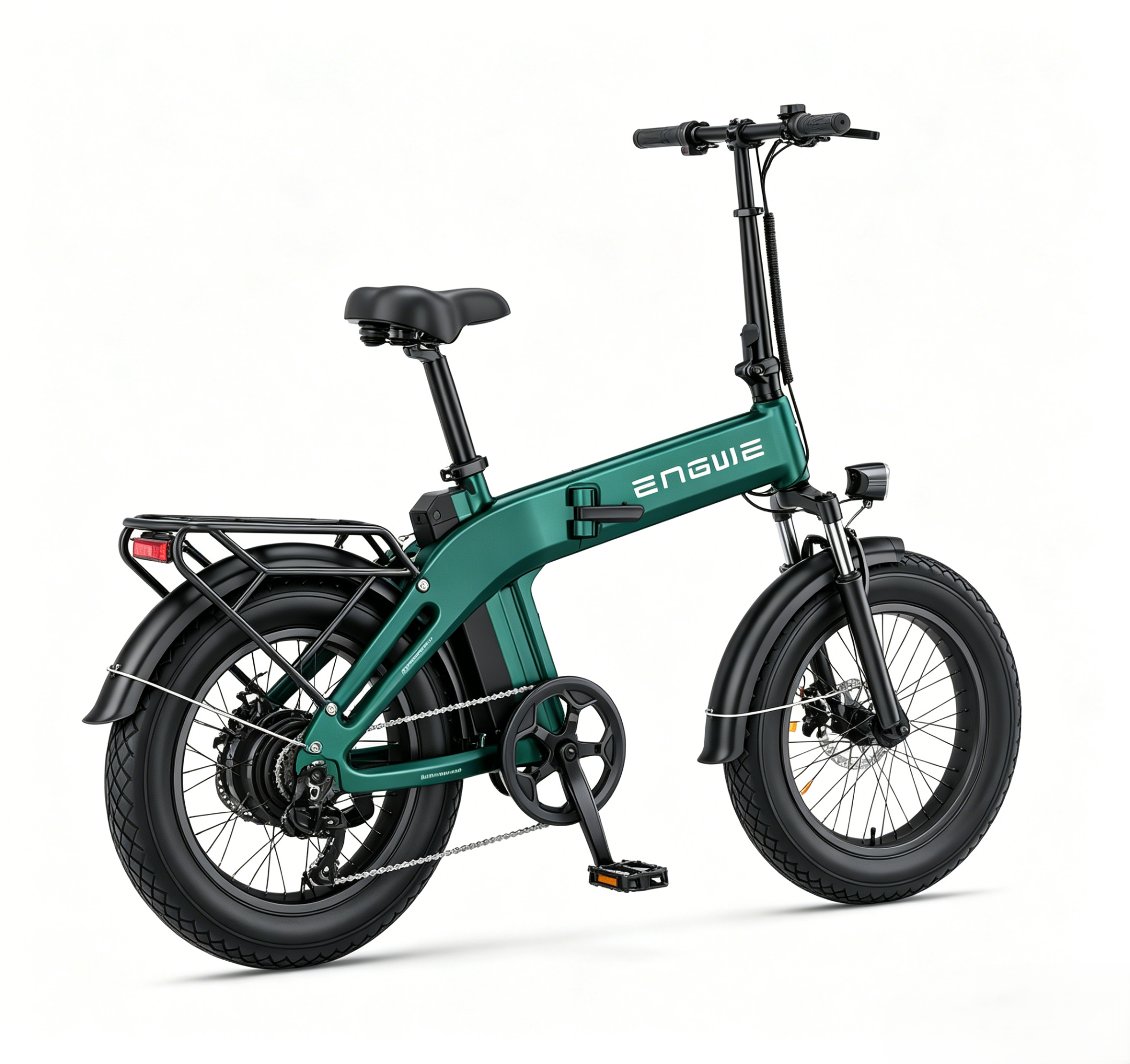 Una bicicleta eléctrica plegable verde con portaequipajes y faro.