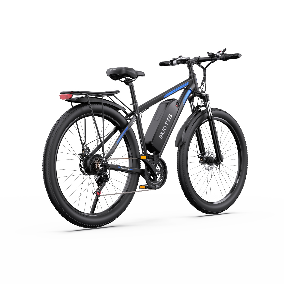 Una bicicletta elettrica nera con pneumatici larghi, portapacchi, forcella ammortizzata e batteria.