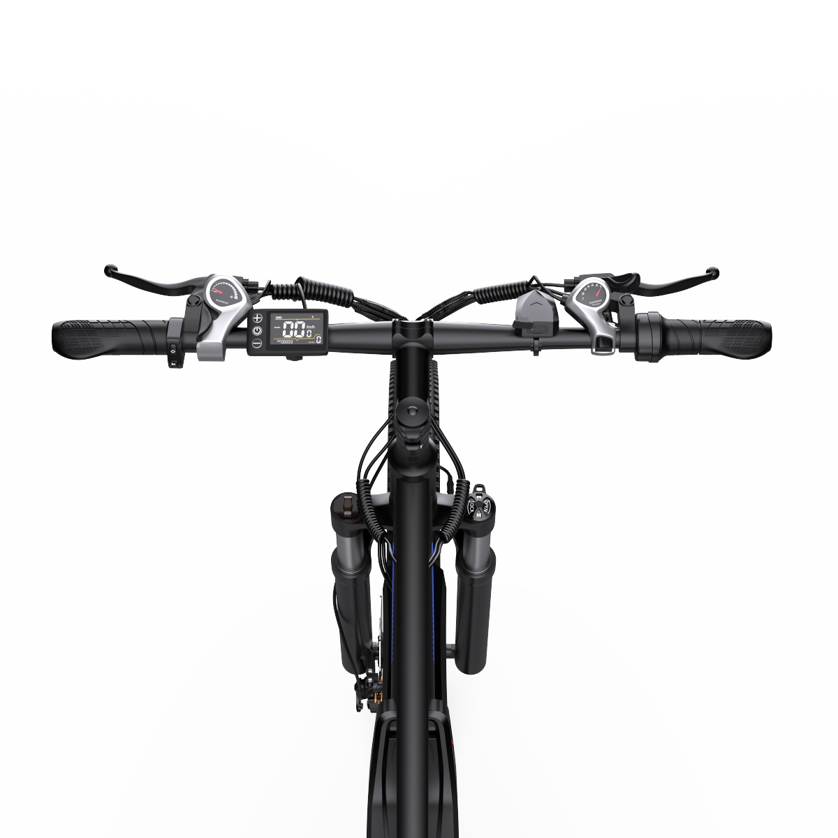 Primo piano del manubrio di una bicicletta nera con display e impugnature.