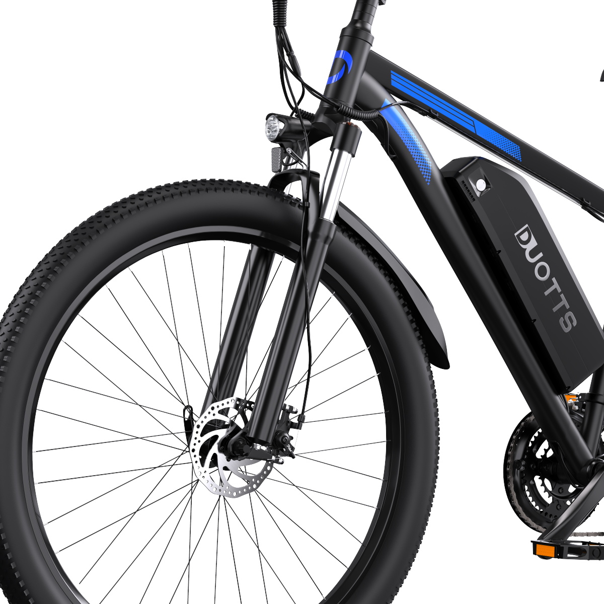 Bicicletta elettrica nera con motivo blu sul telaio e pneumatici larghi.