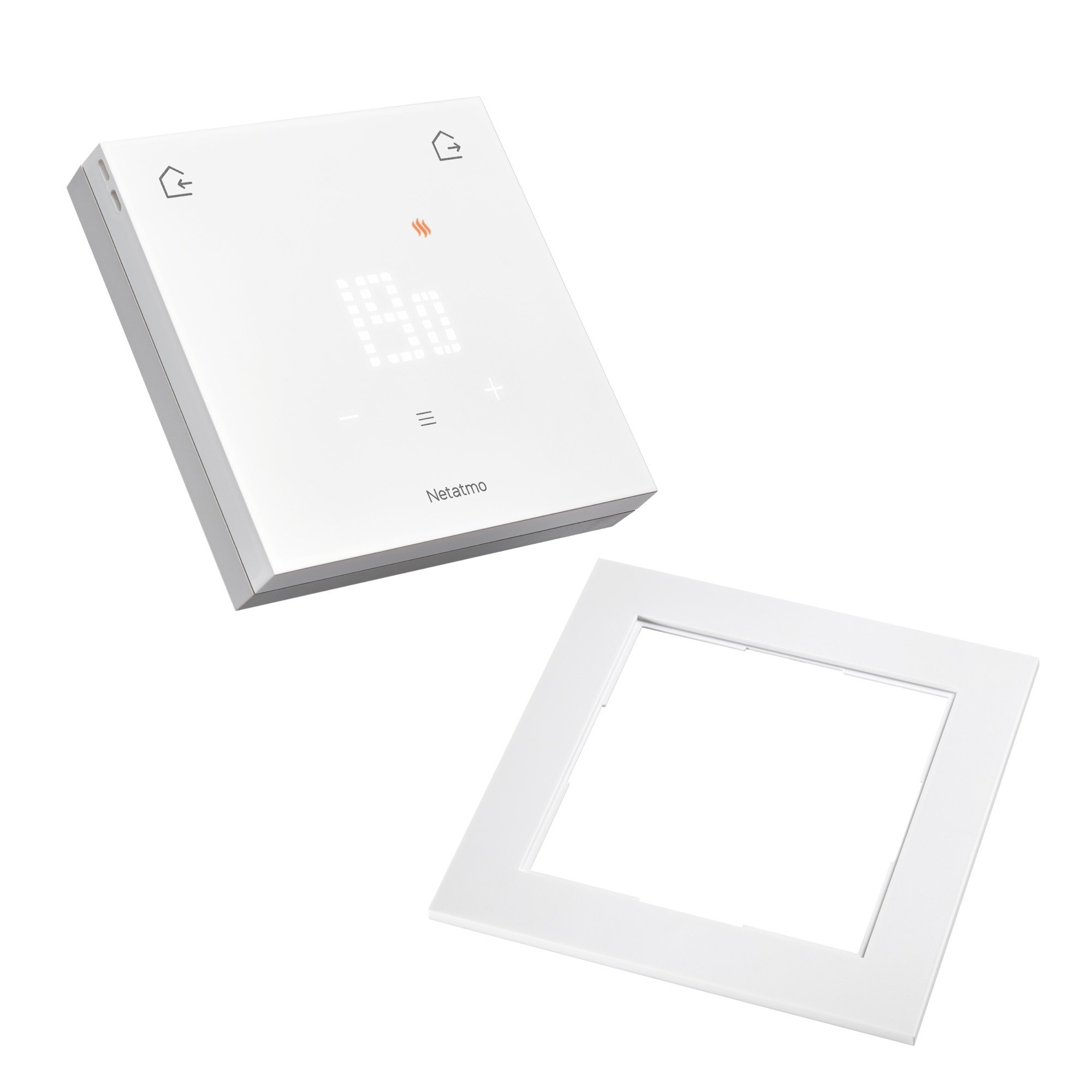 Un écran de thermostat Netatmo blanc avec icône de chauffage et chiffres, à côté d'un cadre blanc.
