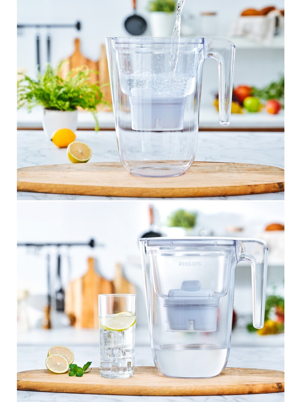 Filtreli sürahiye su dökülüyor, yanında limonlu bir bardak su var.