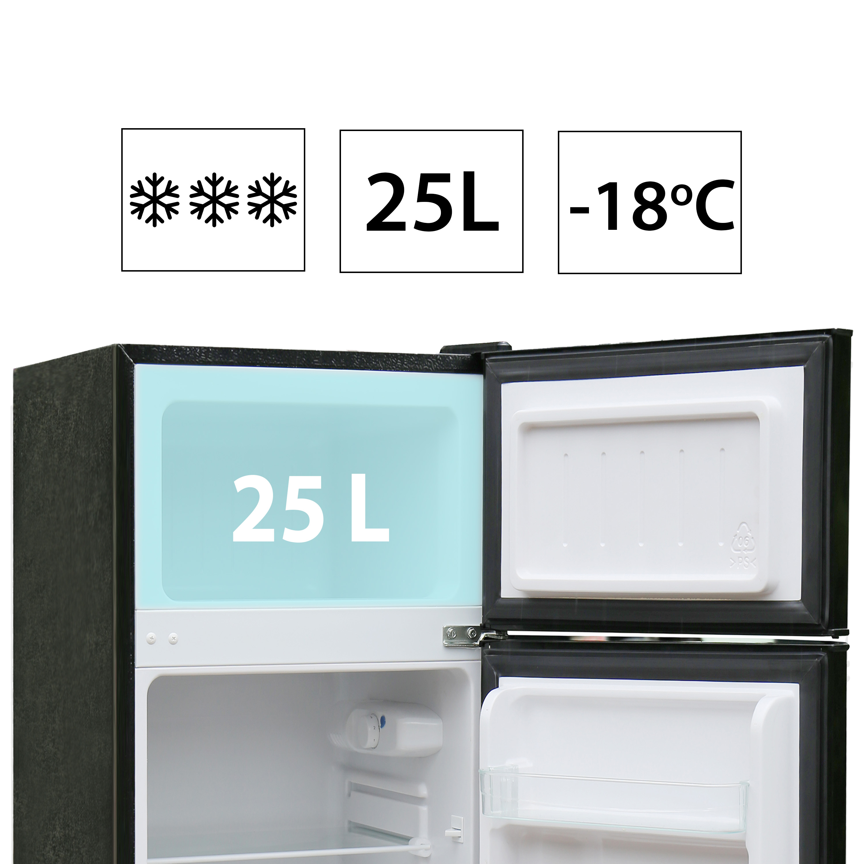 Mała czarna lodówka, pojemność 25L, mrożenie -18°C.