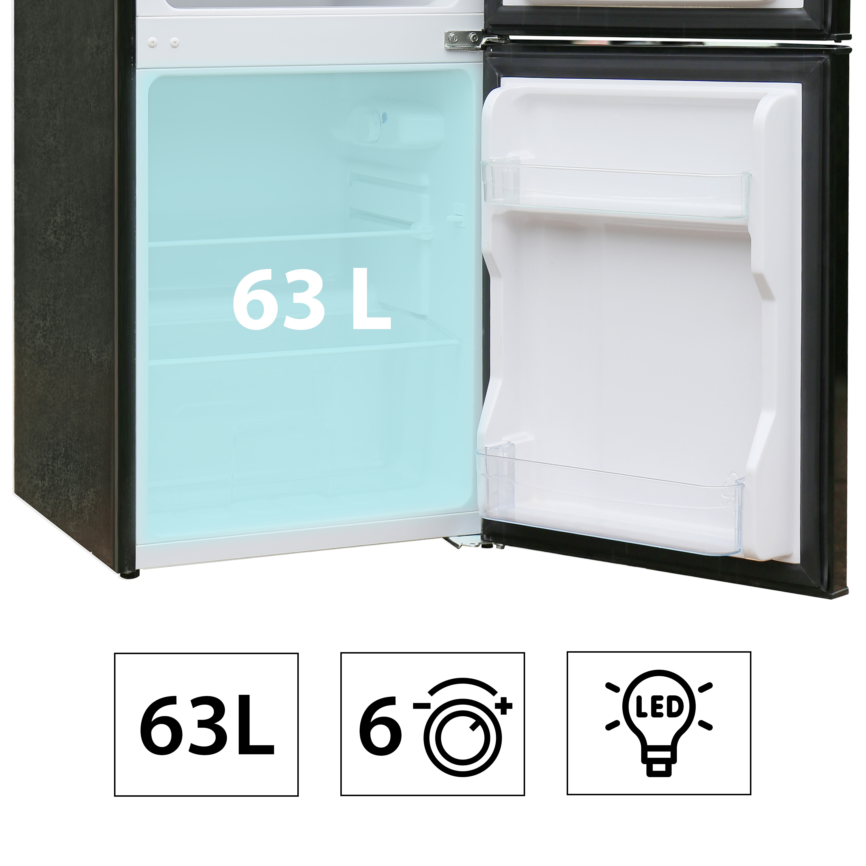 Otwarta lodówka o pojemności 63L z oświetleniem LED.