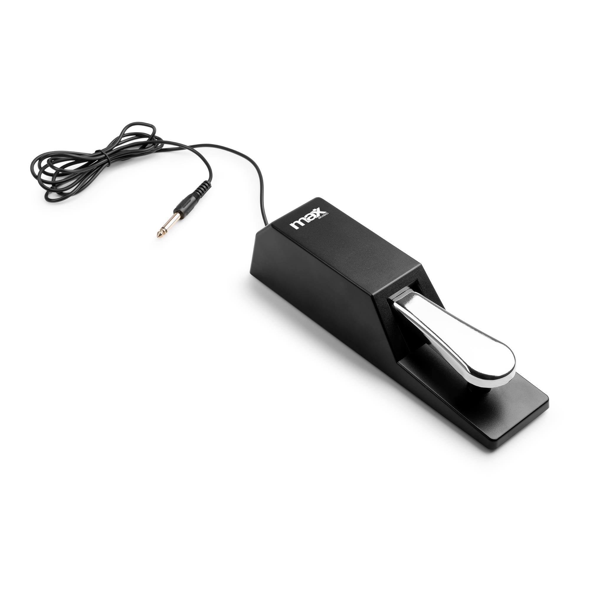 Schwarzes Sustain-Pedal mit silbernem Fußhebel und Kabel.