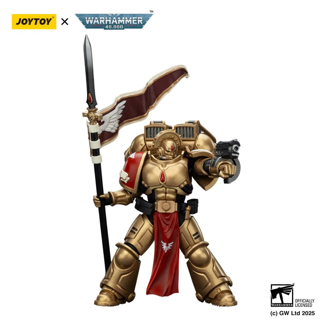 Złoty wojownik z pistoletem i flagą, logo Warhammer 40k.