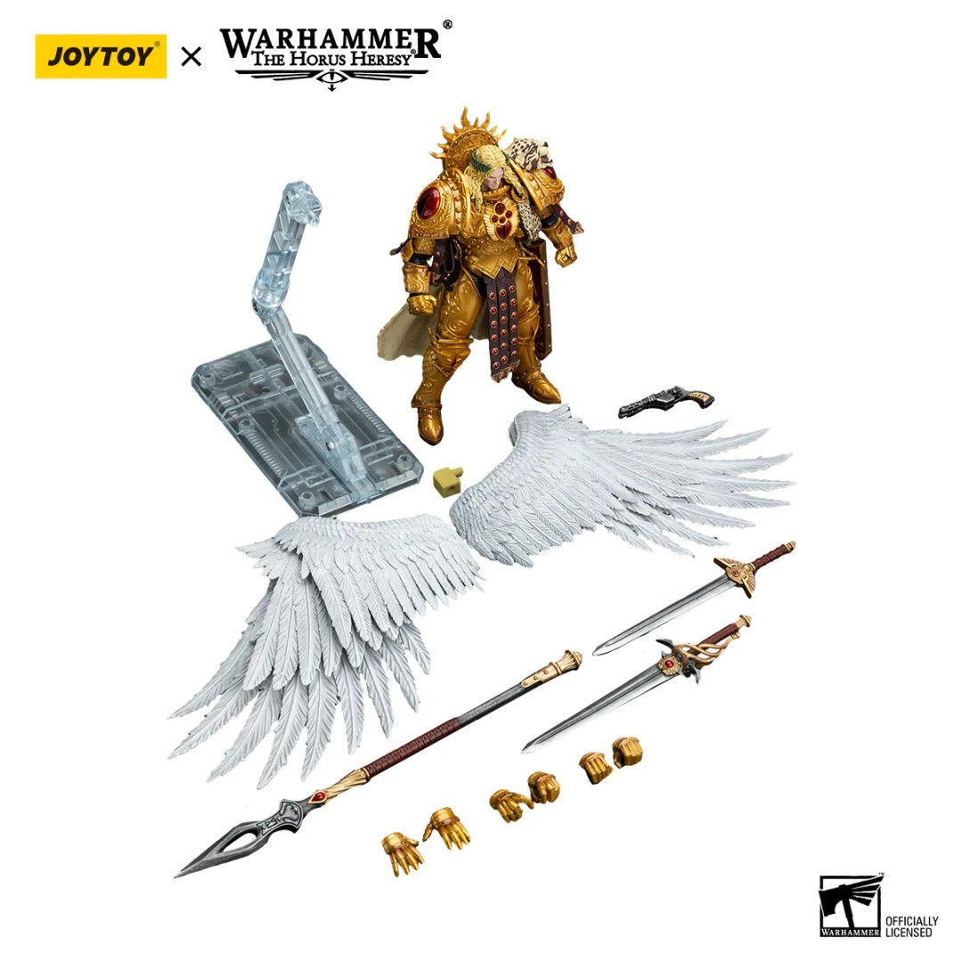 Złota figurka Warhammer ze skrzydłami, włócznią, mieczem i akcesoriami.