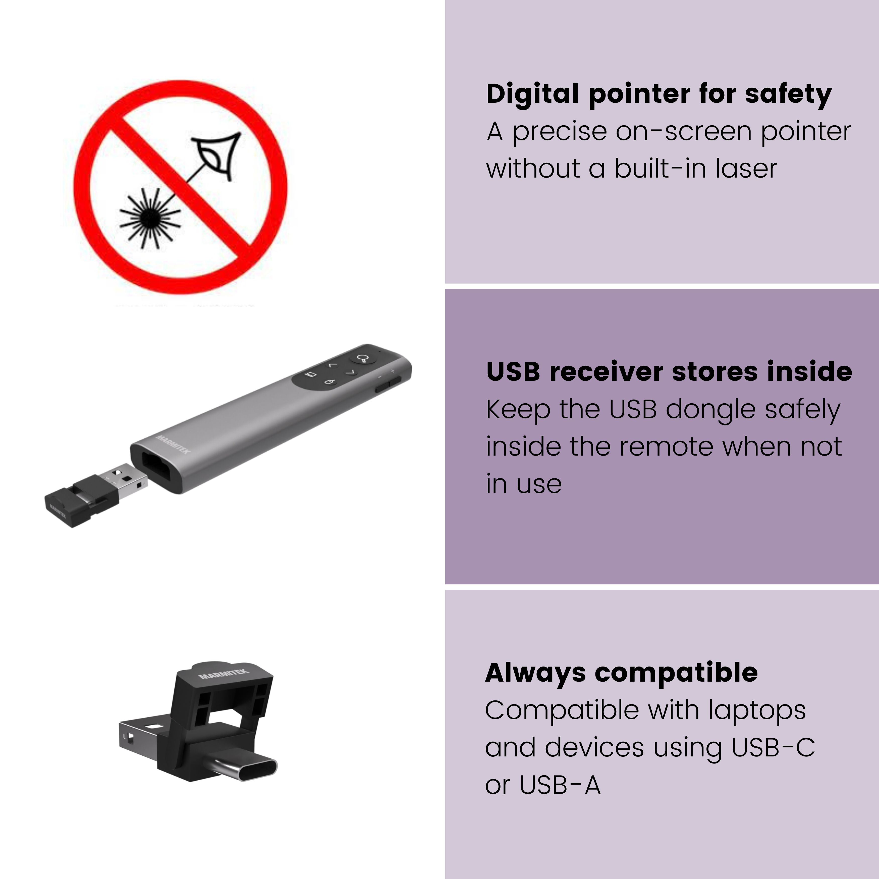 Een grijze afstandsbediening met USB-ontvanger en een laser veiligheidswaarschuwingssymbool.