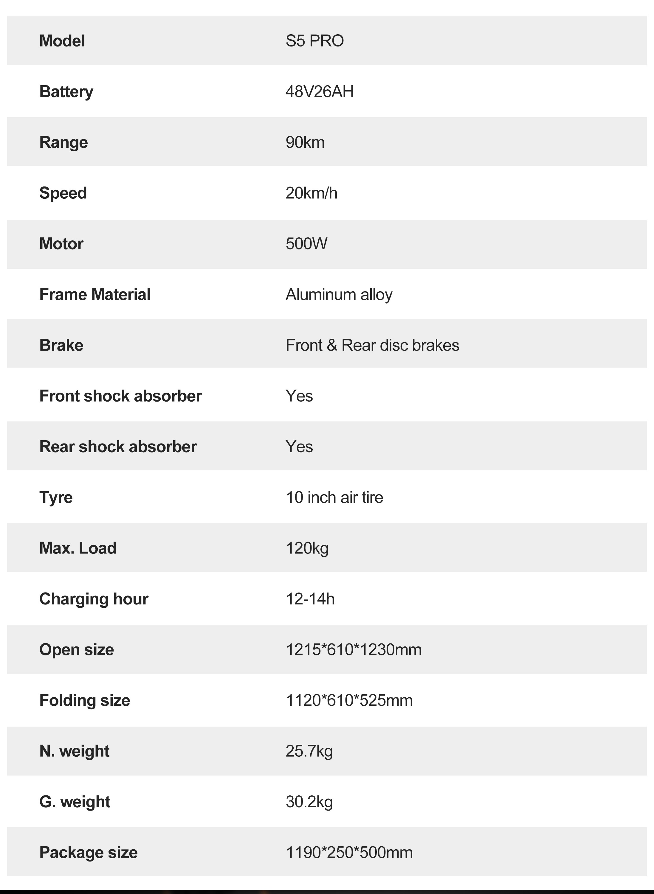 Specifiche: S5 PRO, 48V26AH, autonomia 90km, 20km/h, motore 500W.
