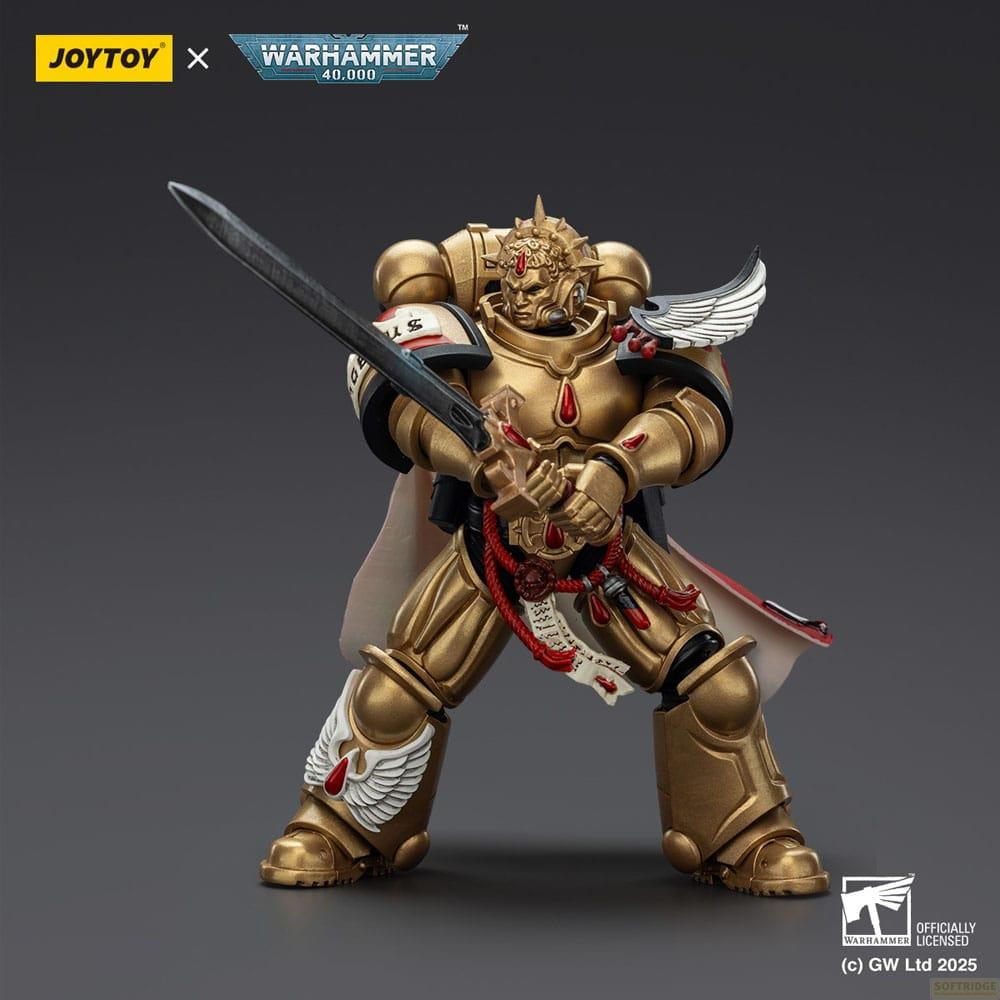 Złoty Space Marine z mieczem, logo Joytoy x Warhammer 40k.