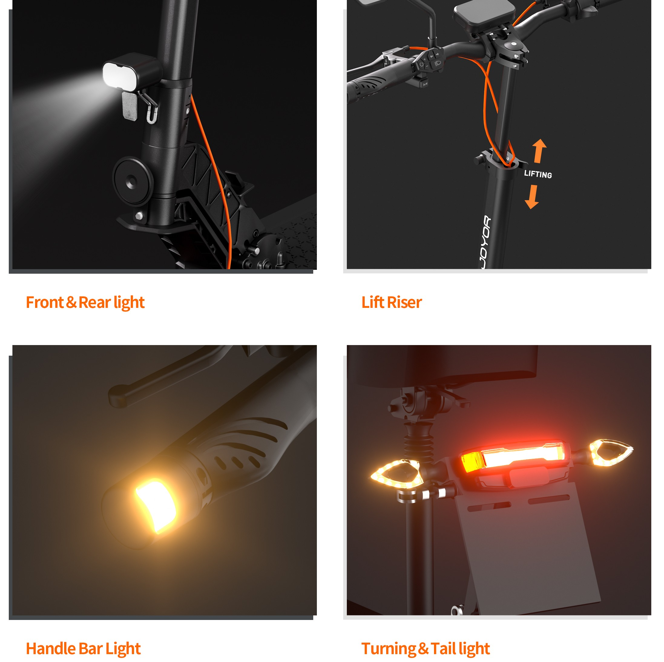 Luci anteriori e posteriori di uno scooter elettrico. La luce anteriore è accesa.