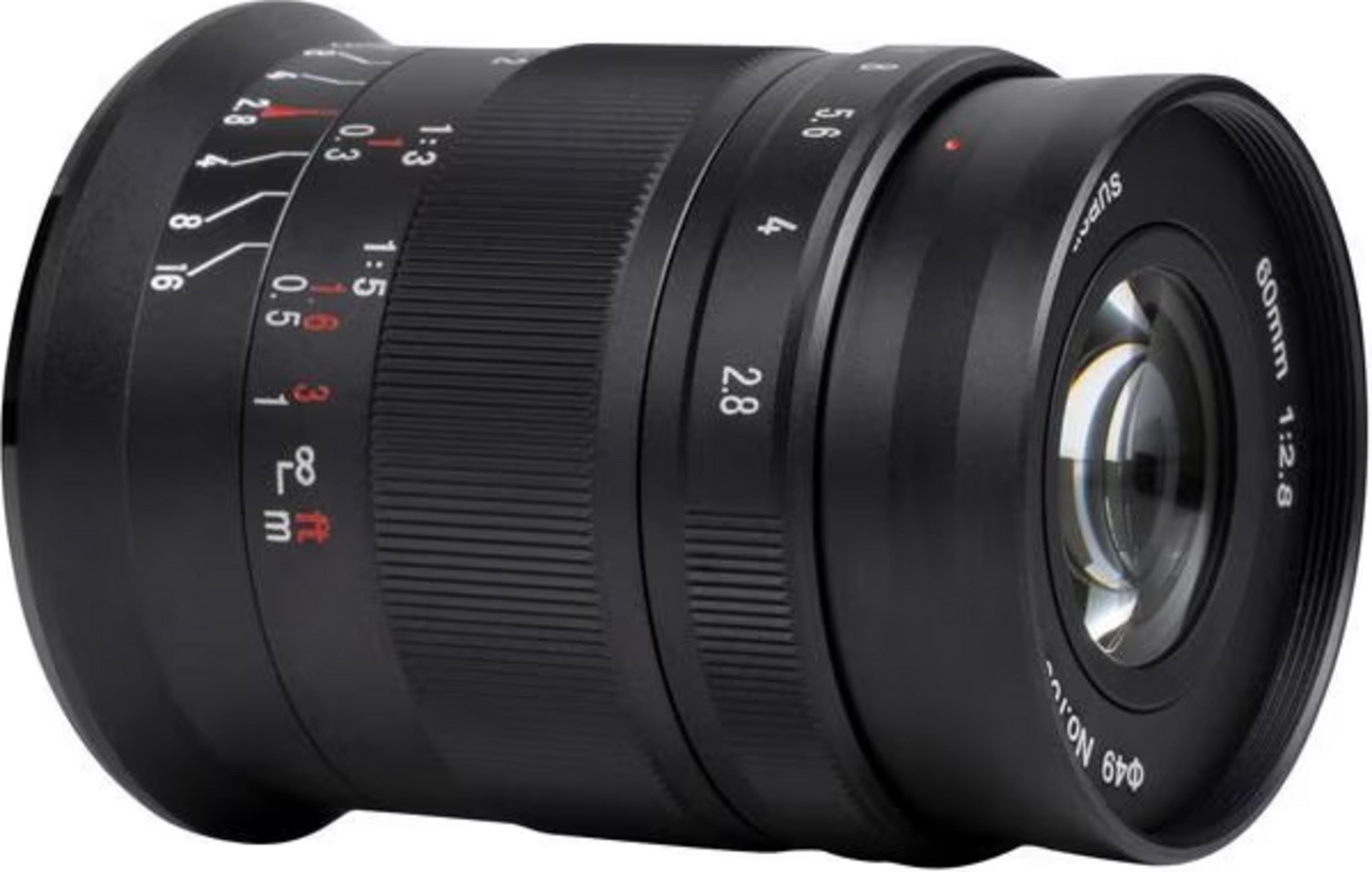 A black camera lens with focus and aperture markings.