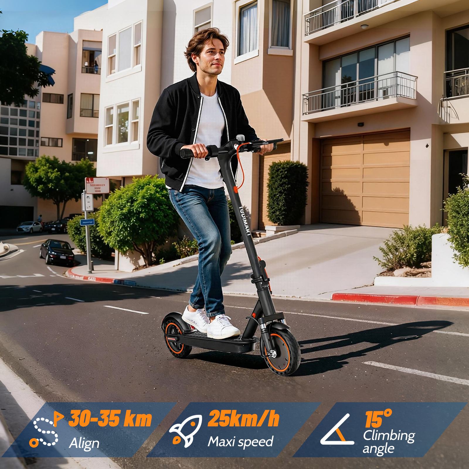 Uomo guida monopattino elettrico su strada davanti a case moderne, specifiche sotto.