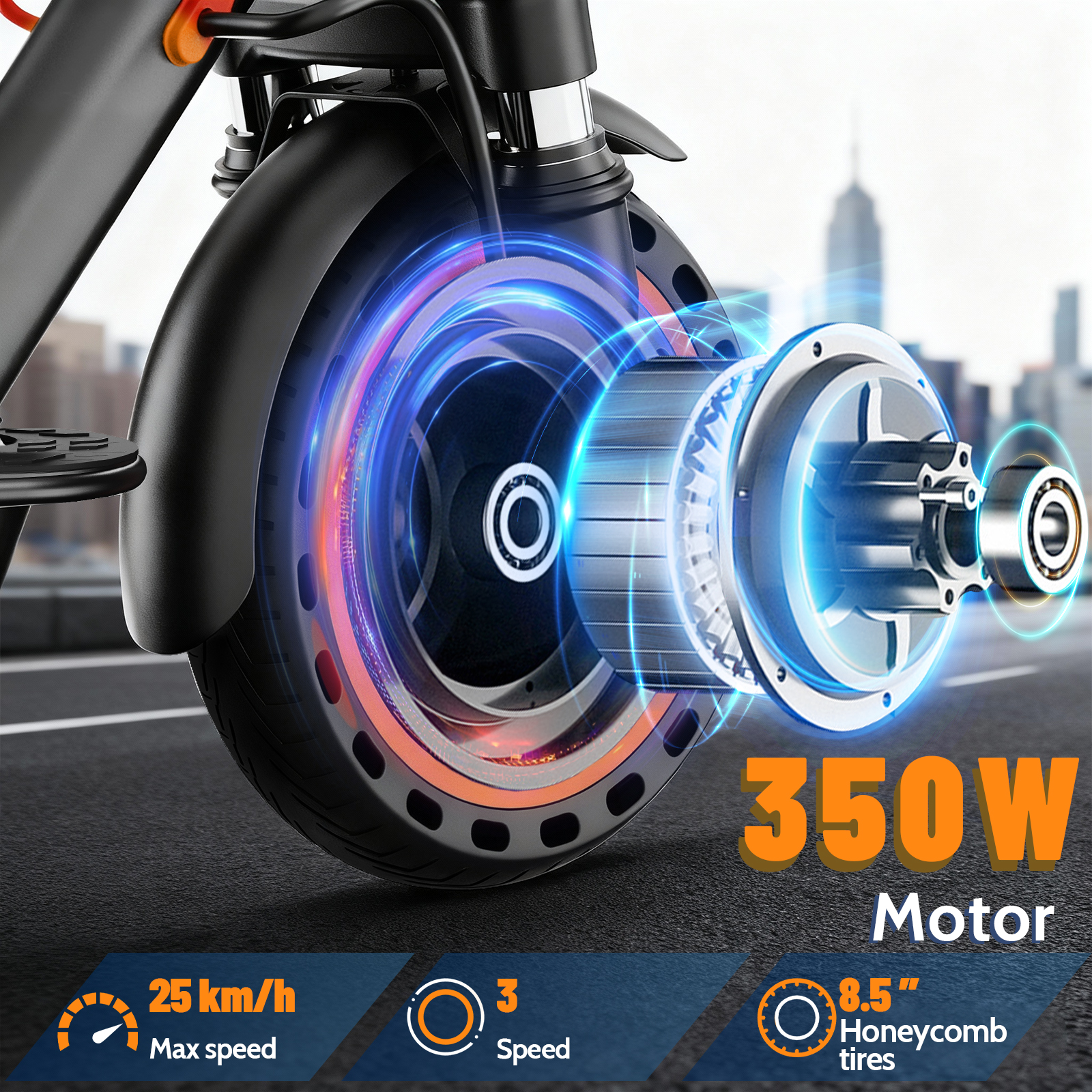 Primo piano del motore da 350W di uno scooter elettrico, velocità max 25 km/h, pneumatici da 8,5 pollici.