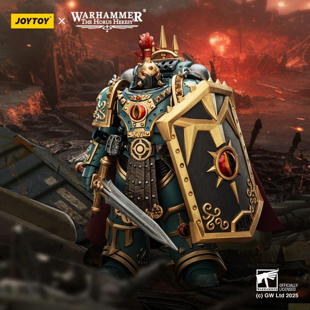 Zielony wojownik Warhammer ze złotą tarczą, mieczem i czerwonym pióropuszem.