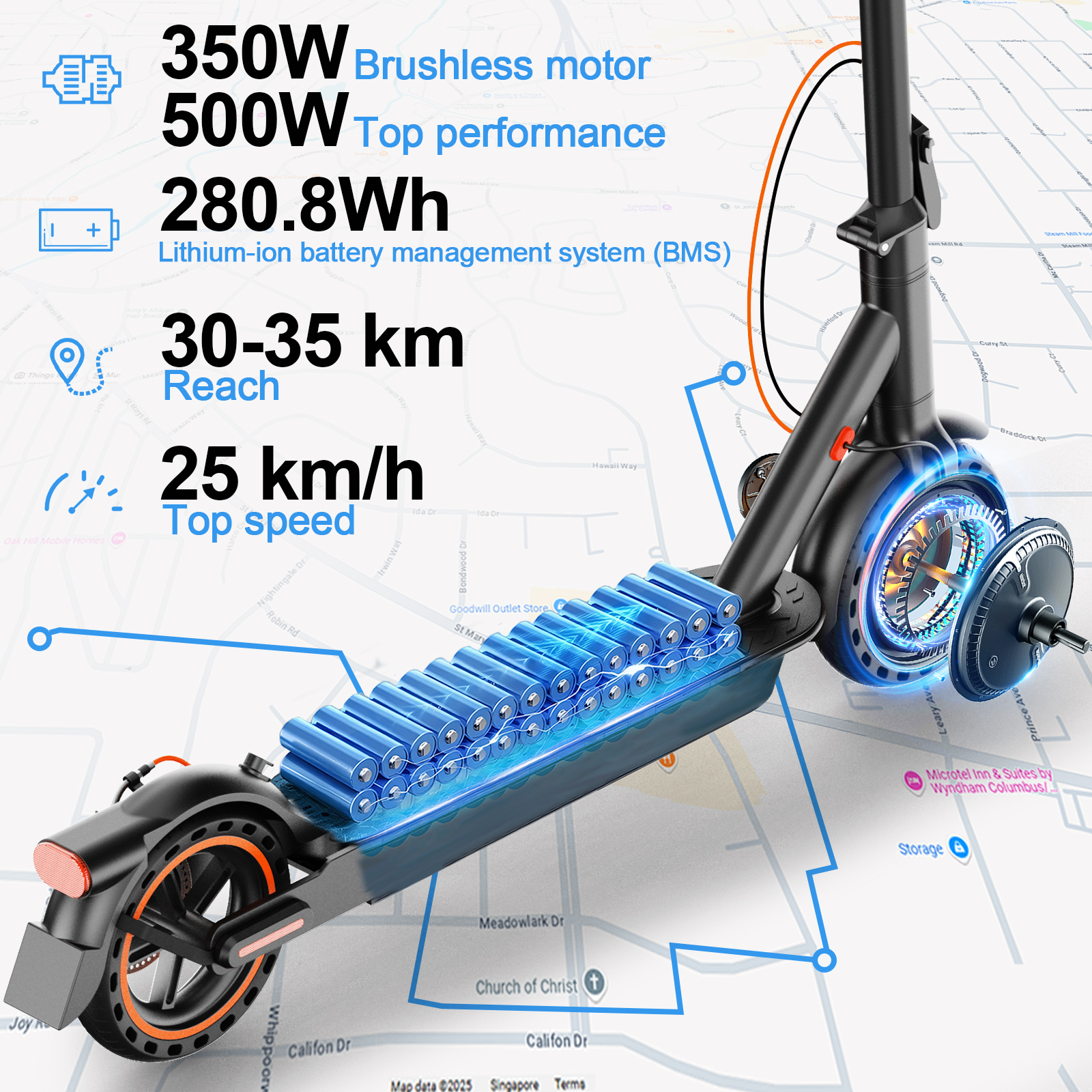 Uno scooter elettrico nero con specifiche e batterie dettagliate.
